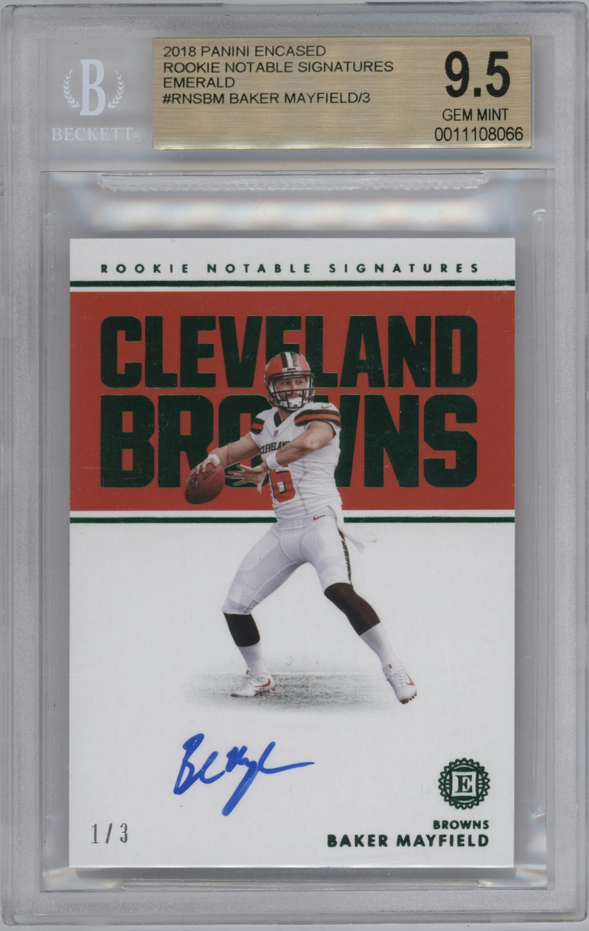 Baker Mayfield from the 2018 Panini Encased set featuring a Emerald parallel graded by Beckett and given an overall grade of 9.5.