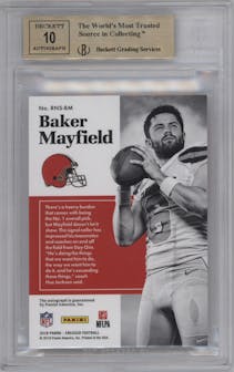 Baker Mayfield from the 2018 Panini Encased set featuring a Emerald parallel graded by Beckett and given an overall grade of 9.5.