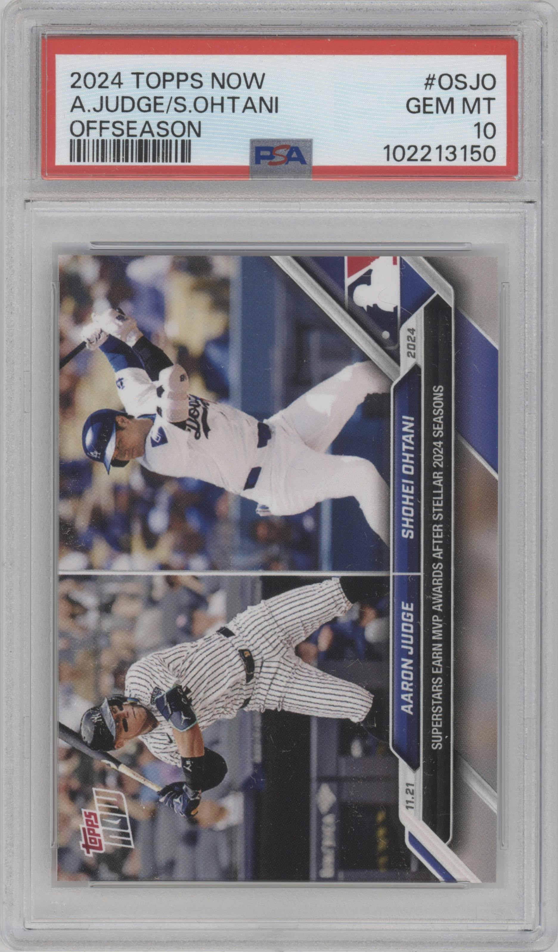 Aaron Judge/Shohei Ohtani  from the 2024-25 Topps Now Off-Season set graded by PSA and given an overall grade of 10.