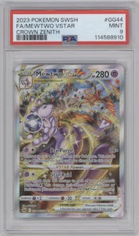 Mewtwo VSTAR from the 2023 Pokemon SWSH set graded by PSA and given an overall grade of 9.