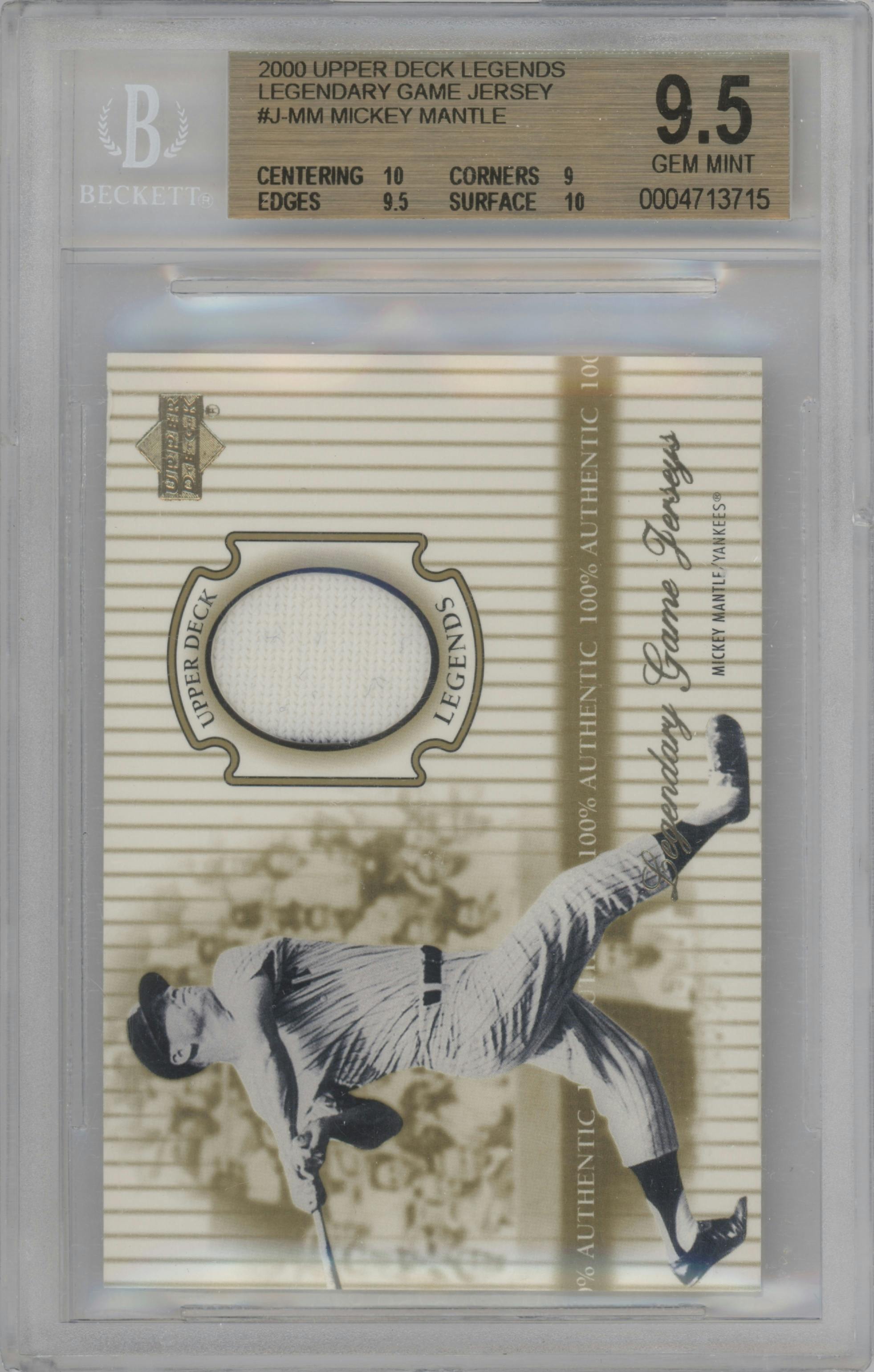 Mickey Mantle from the 2000 Upper Deck Legends set graded by Beckett and given an overall grade of 9.5.