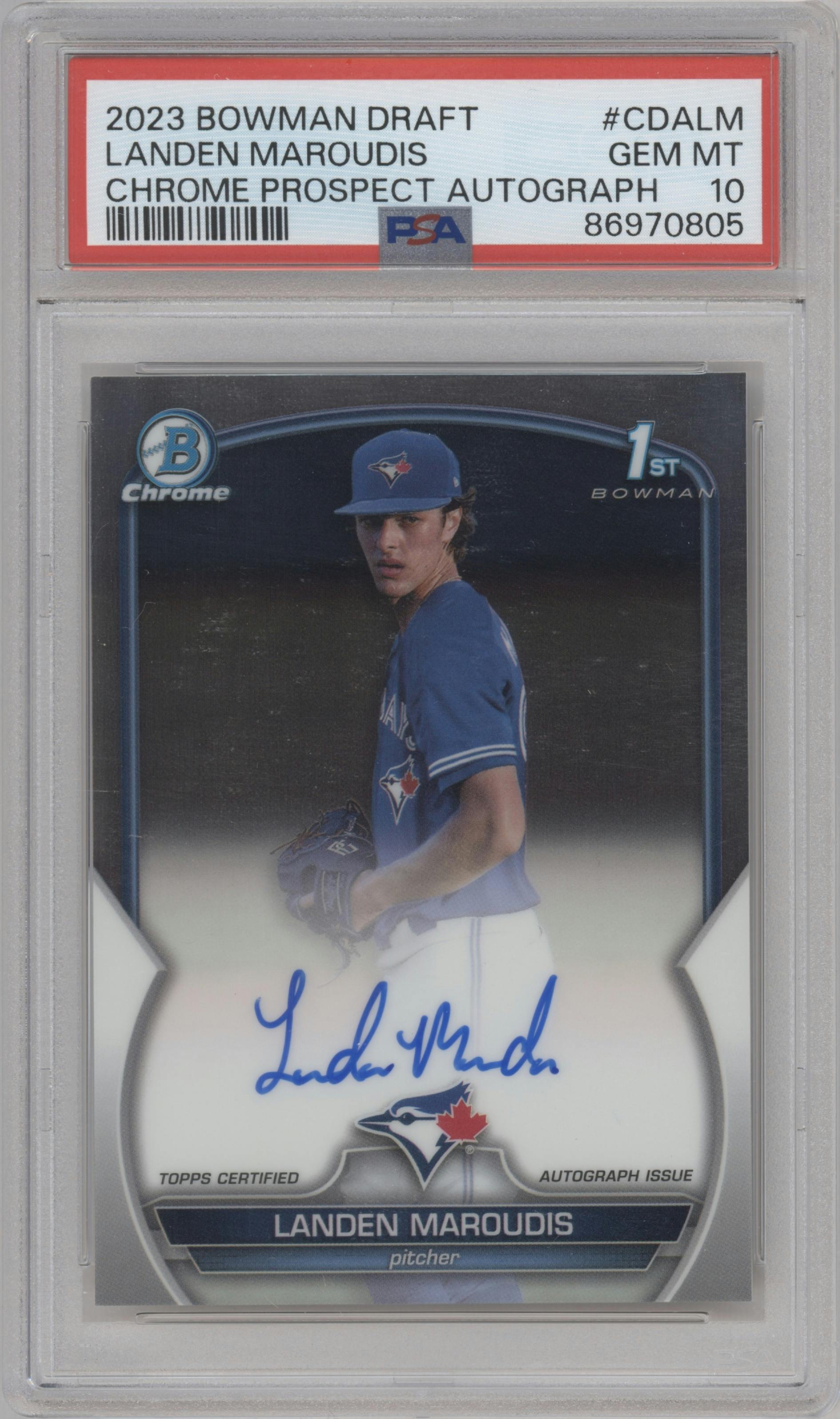 Landen Maroudis from the 2023 Bowman Draft set graded by PSA and given an overall grade of 10.