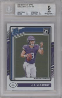 J.J. McCarthy from the 2024 Donruss Optic set graded by Beckett and given an overall grade of 9.
