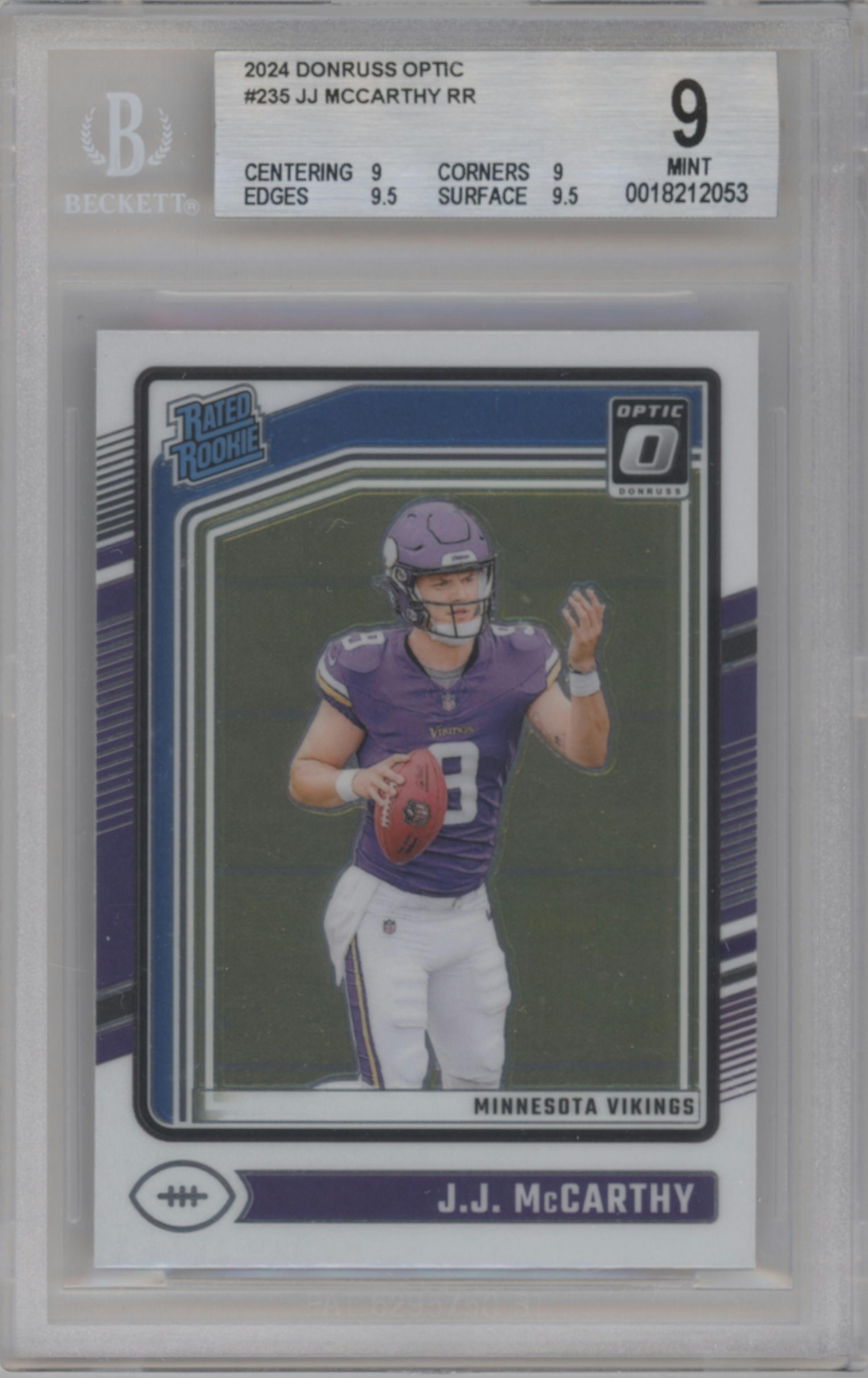 J.J. McCarthy from the 2024 Donruss Optic set graded by Beckett and given an overall grade of 9.