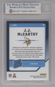 J.J. McCarthy from the 2024 Donruss Optic set graded by Beckett and given an overall grade of 9.