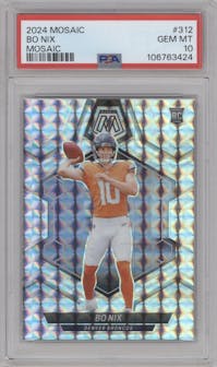 Bo Nix from the 2024 Panini Mosaic set featuring a Mosaic parallel graded by PSA and given an overall grade of 10.