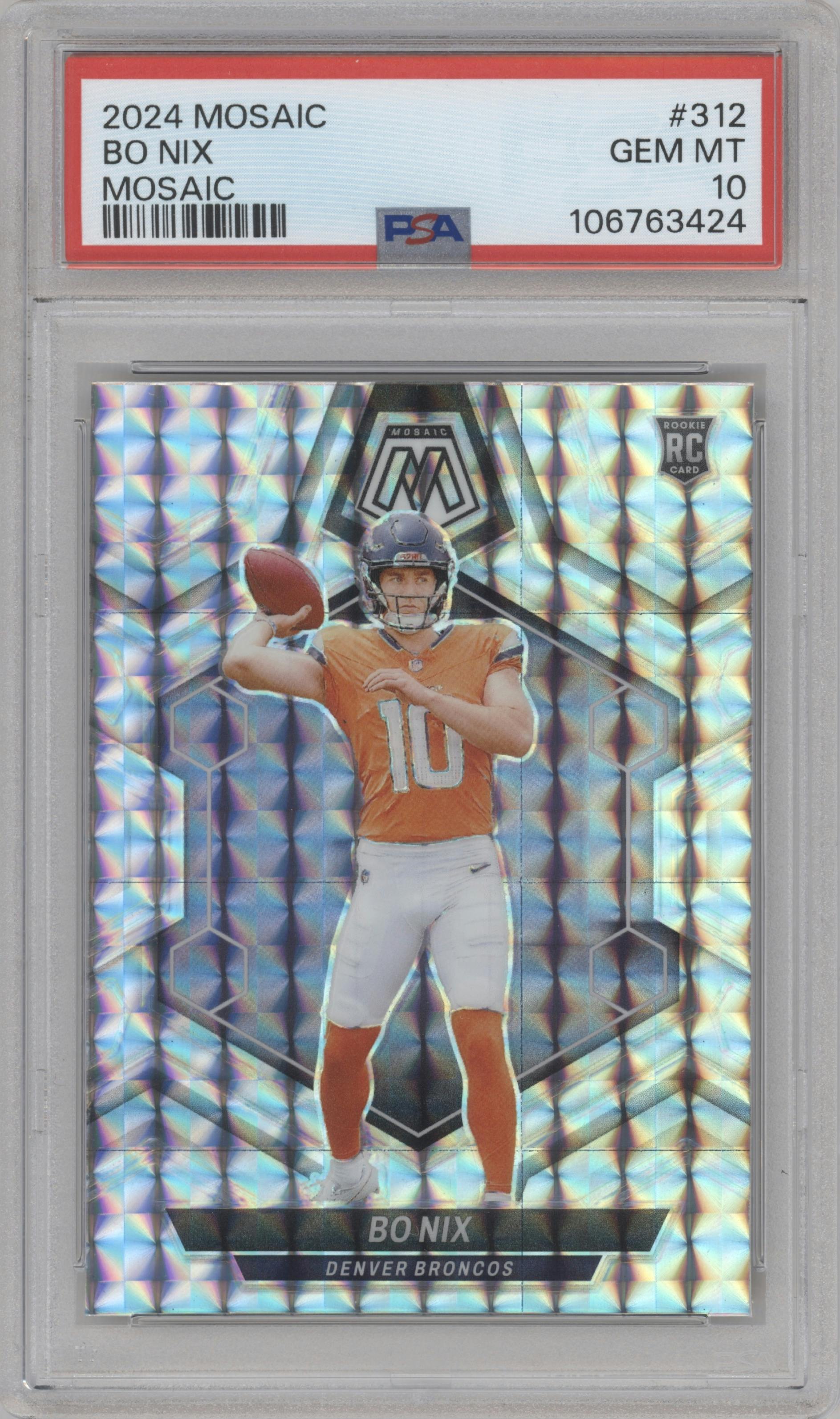 Bo Nix from the 2024 Panini Mosaic set featuring a Mosaic parallel graded by PSA and given an overall grade of 10.