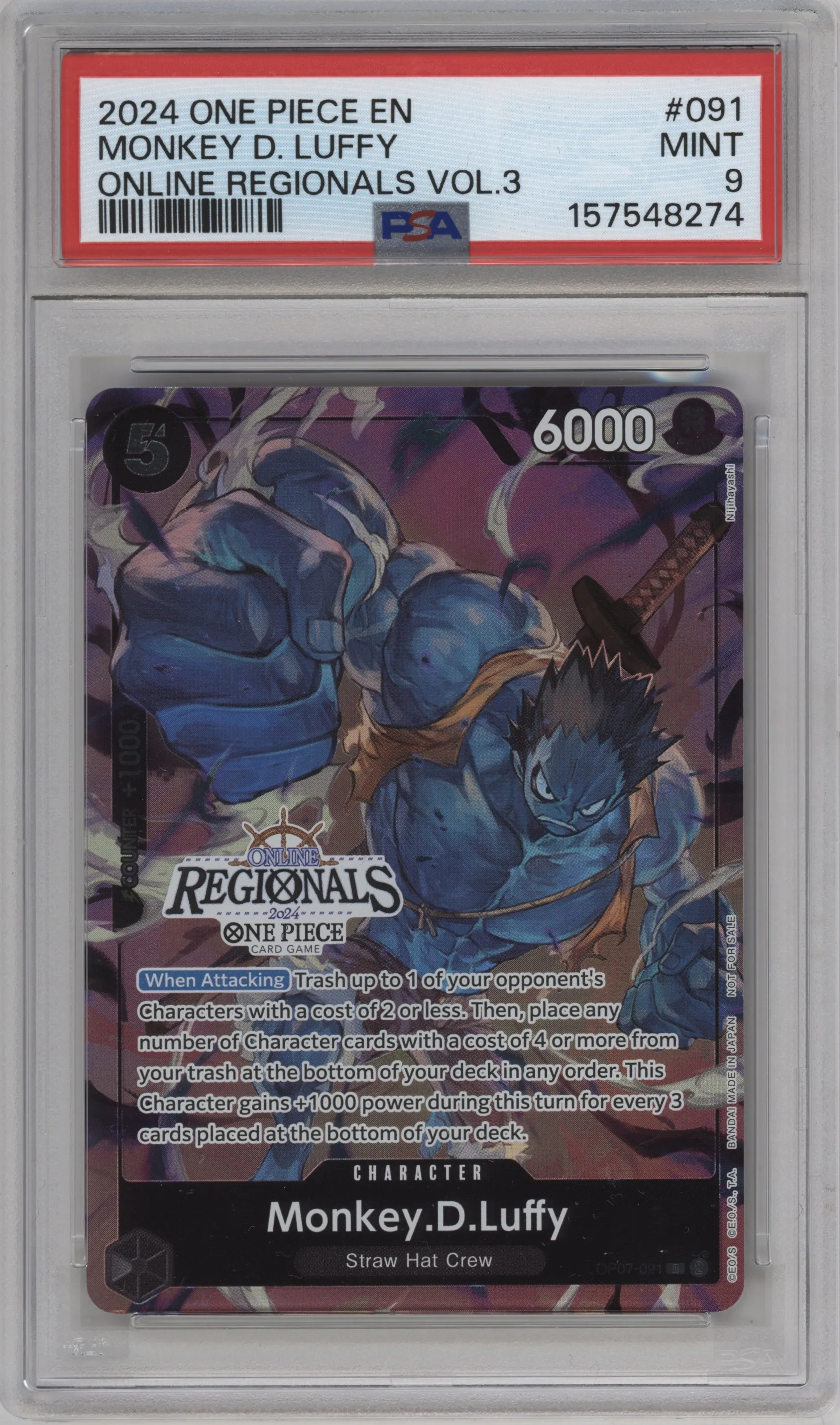 2024 One Piece Reg.Part.Pack Vol.3 Monkey.D.Luffy R #OP07-091 R PSA 9