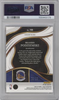 Brandin Podziemski from the 2023-24 Panini Select  set featuring a Gold Prizm parallel graded by PSA and given an overall grade of 10.
