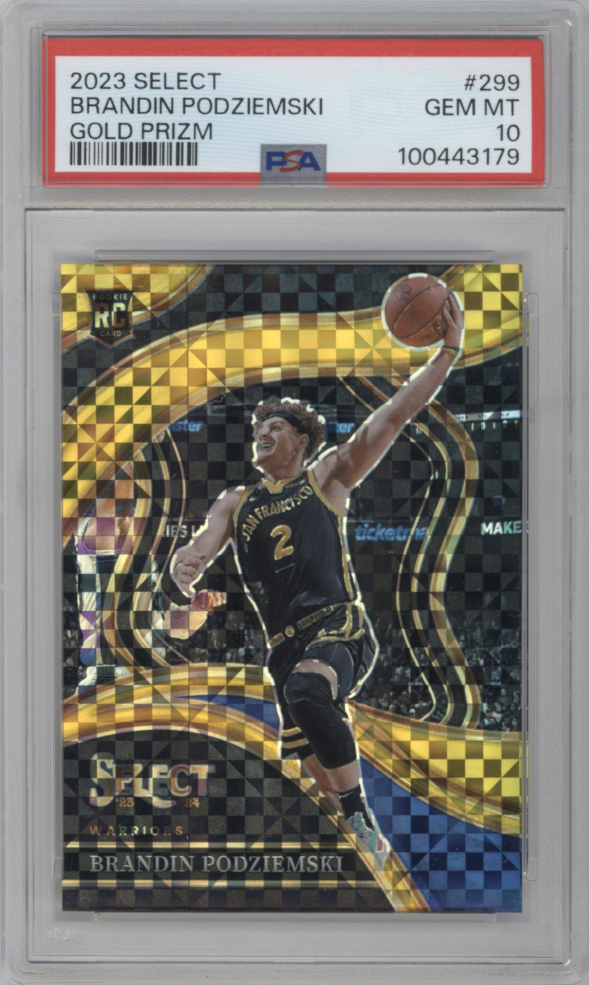 Brandin Podziemski from the 2023-24 Panini Select  set featuring a Gold Prizm parallel graded by PSA and given an overall grade of 10.