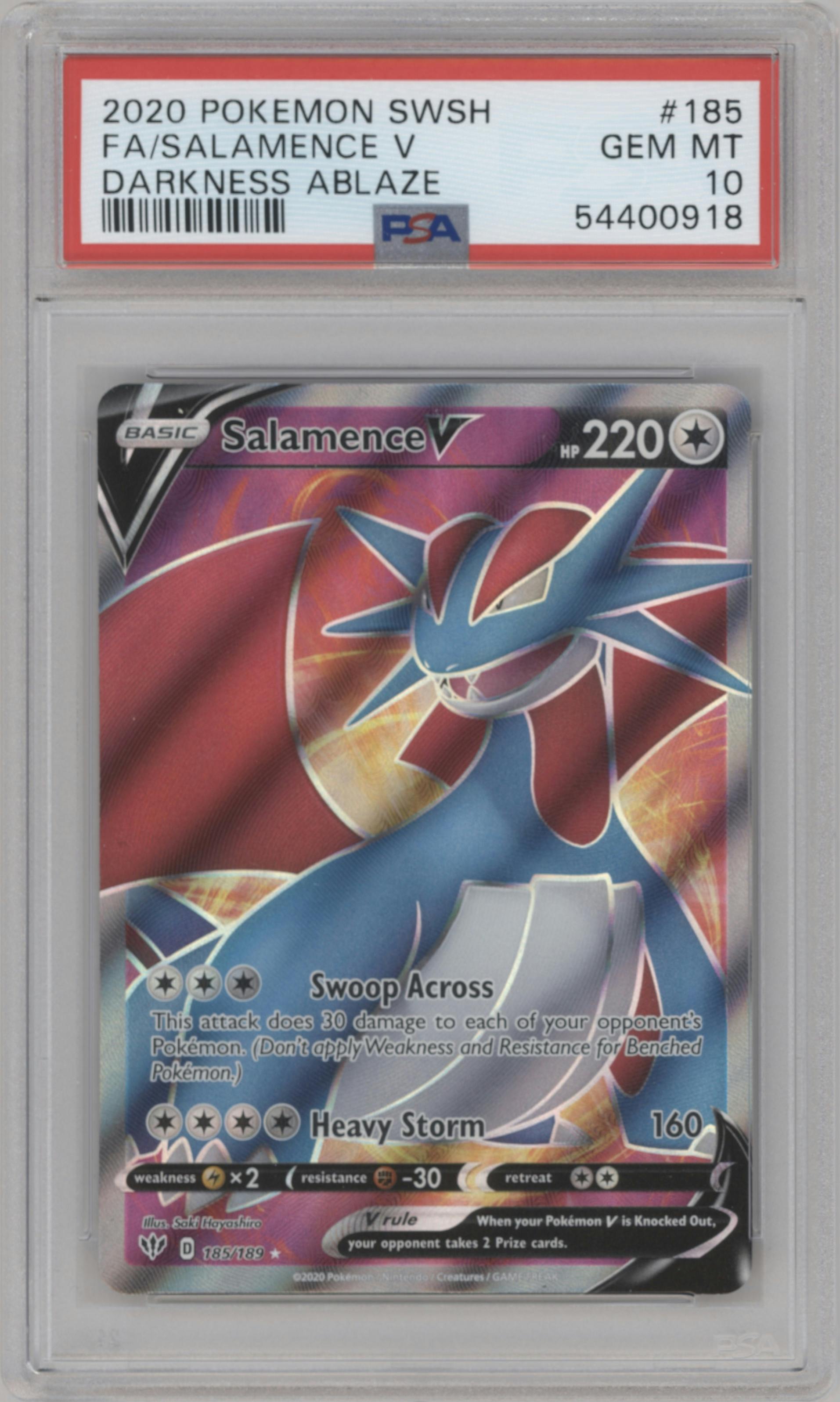 Salamence V from the 2020 Pokemon SWSH set graded by PSA and given an overall grade of 10.