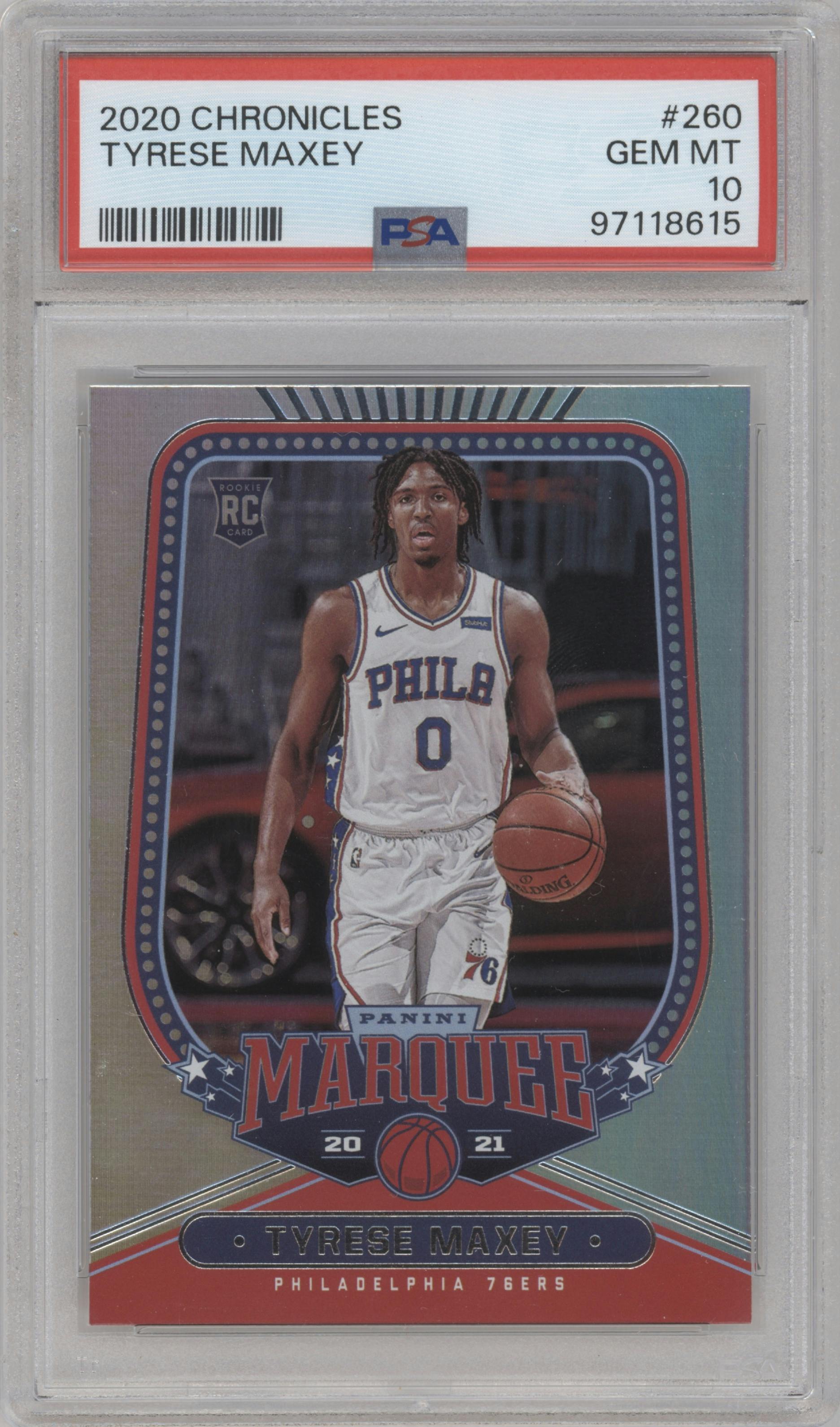 Tyrese Maxey from the 2020-21 Panini Chronicles set graded by PSA and given an overall grade of 10.