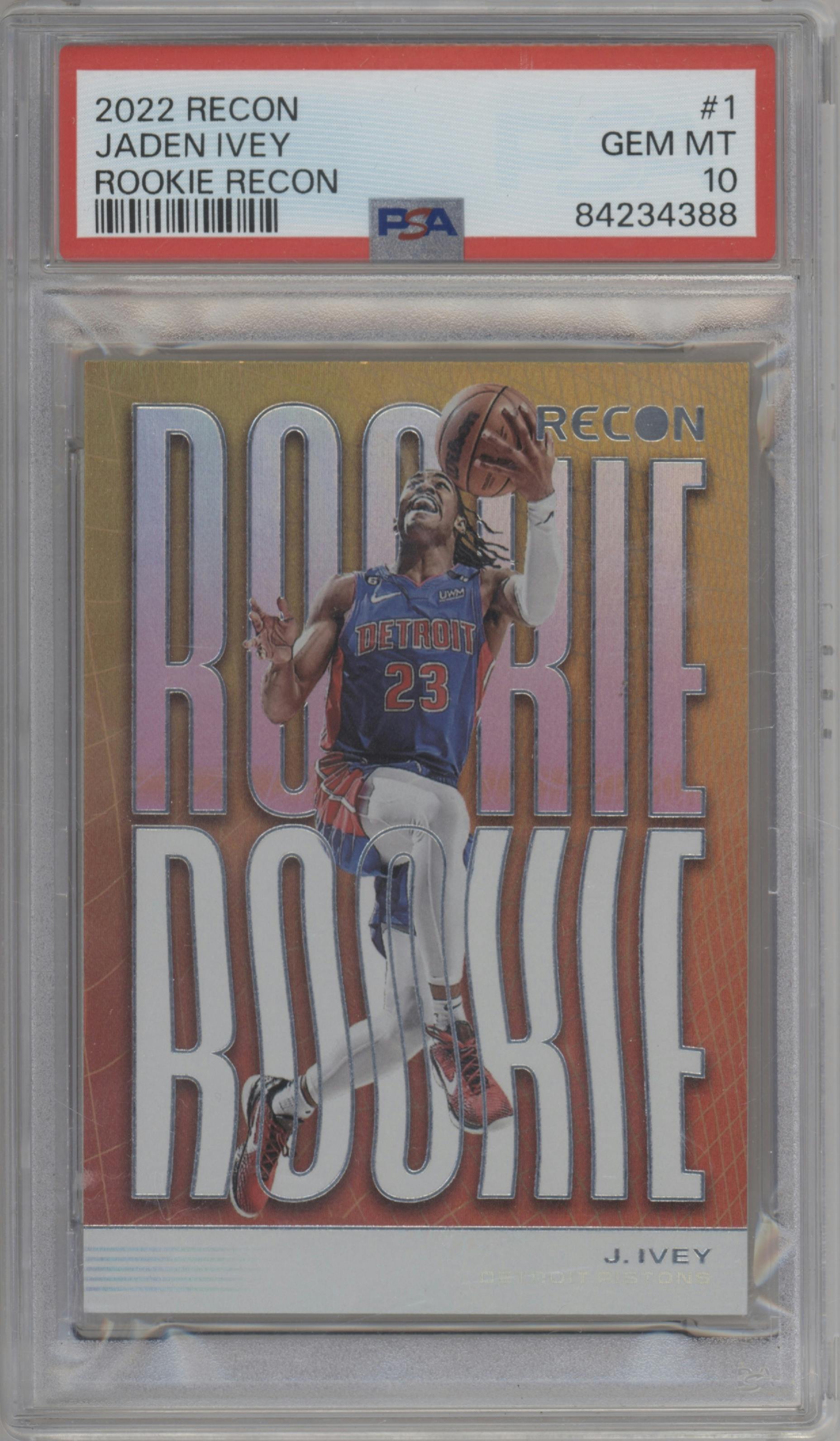Jaden Ivey from the 2022-23 Panini Recon set graded by PSA and given an overall grade of 10.