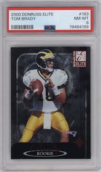 Tom Brady from the 2000 Donruss Elite set graded by PSA and given an overall grade of 8.