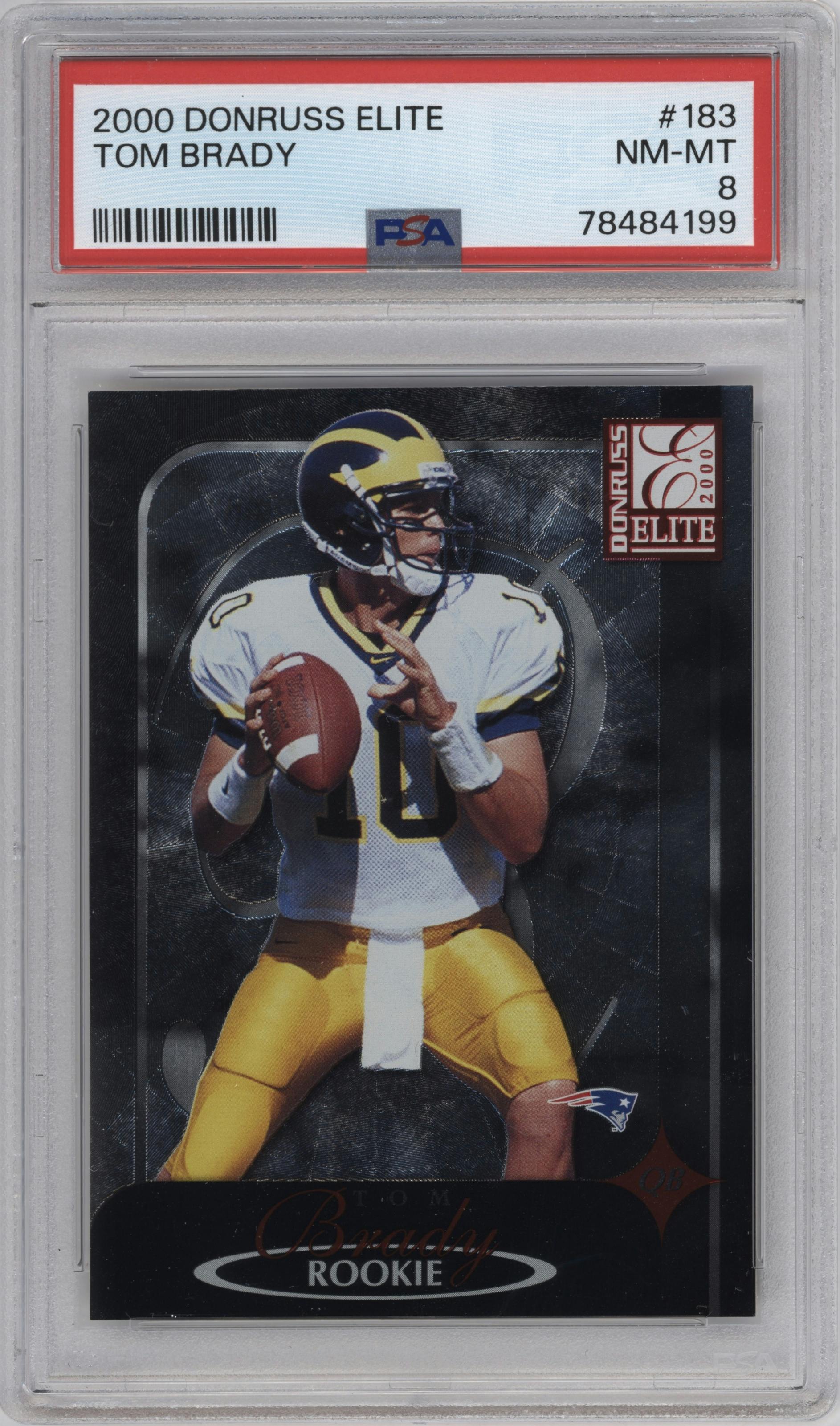 Tom Brady from the 2000 Donruss Elite set graded by PSA and given an overall grade of 8.