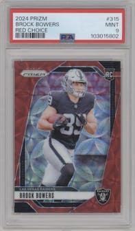 Brock Bowers from the 2024 Panini Prizm set featuring a Choice Red parallel graded by PSA and given an overall grade of 9.