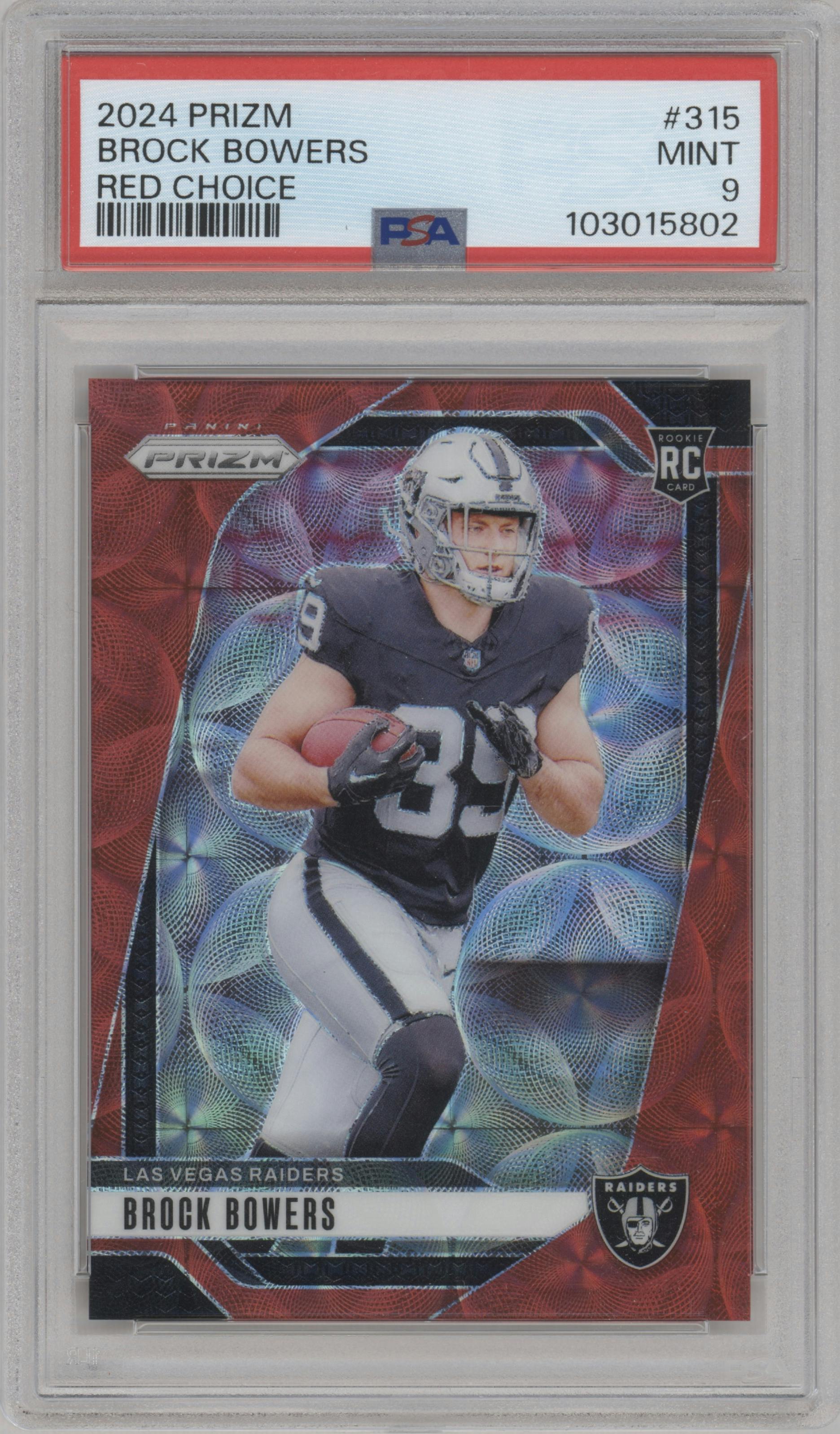 Brock Bowers from the 2024 Panini Prizm set featuring a Choice Red parallel graded by PSA and given an overall grade of 9.