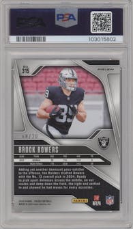 Brock Bowers from the 2024 Panini Prizm set featuring a Choice Red parallel graded by PSA and given an overall grade of 9.