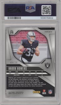 Brock Bowers from the 2024 Panini Prizm set featuring a Choice Red parallel graded by PSA and given an overall grade of 9.