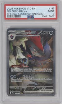 N's Zoroark ex from the 2025 Pokemon SV set graded by PSA and given an overall grade of 9.