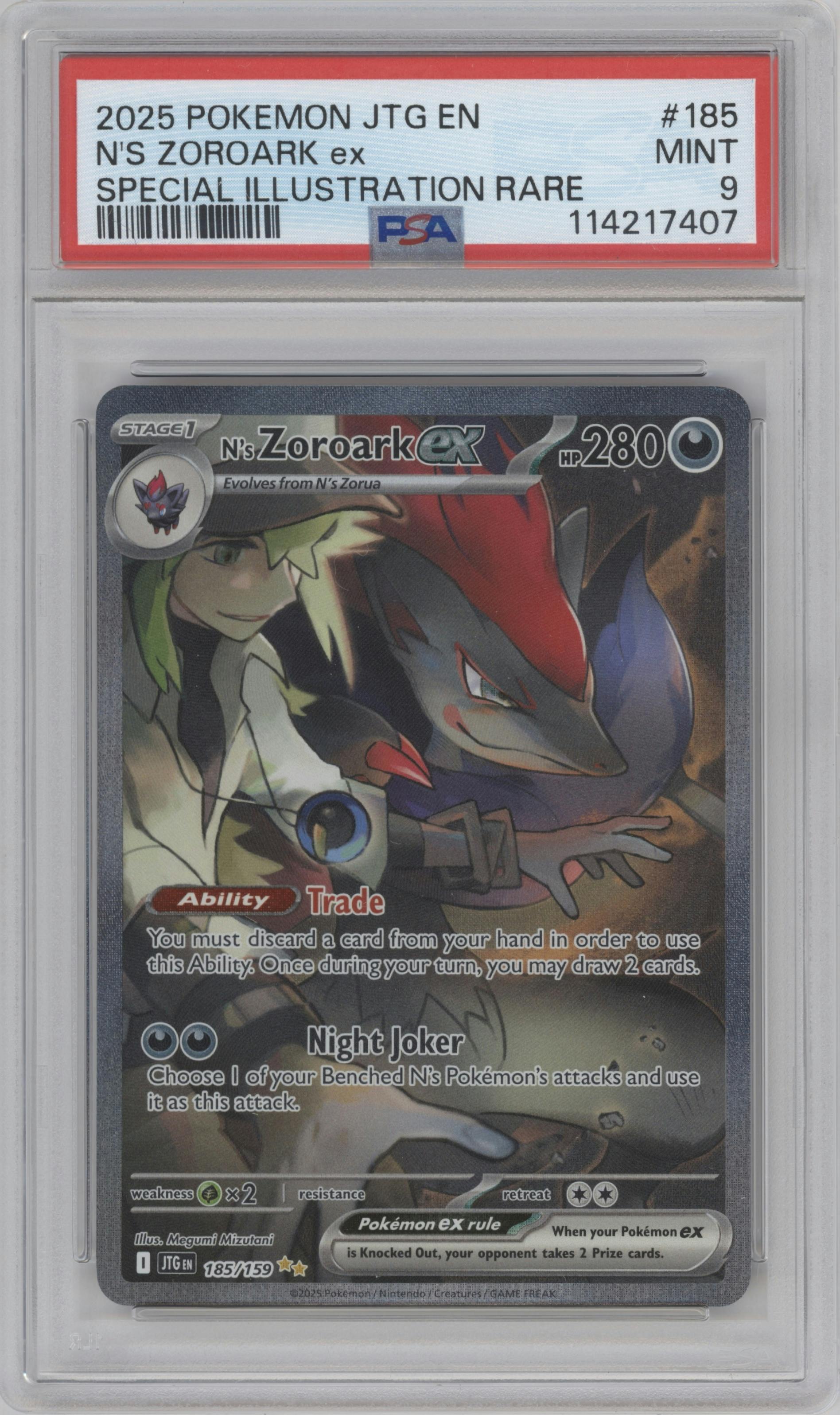 N's Zoroark ex from the 2025 Pokemon SV set graded by PSA and given an overall grade of 9.