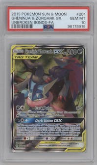 Greninja & Zoroark GX from the 2019 Pokemon S&M  set graded by PSA and given an overall grade of 10.