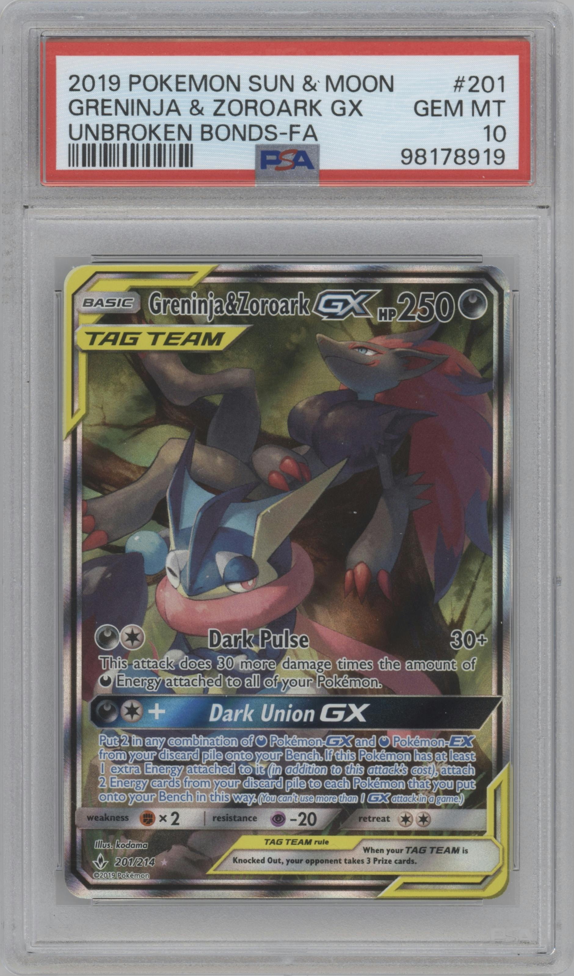 Greninja & Zoroark GX from the 2019 Pokemon S&M  set graded by PSA and given an overall grade of 10.