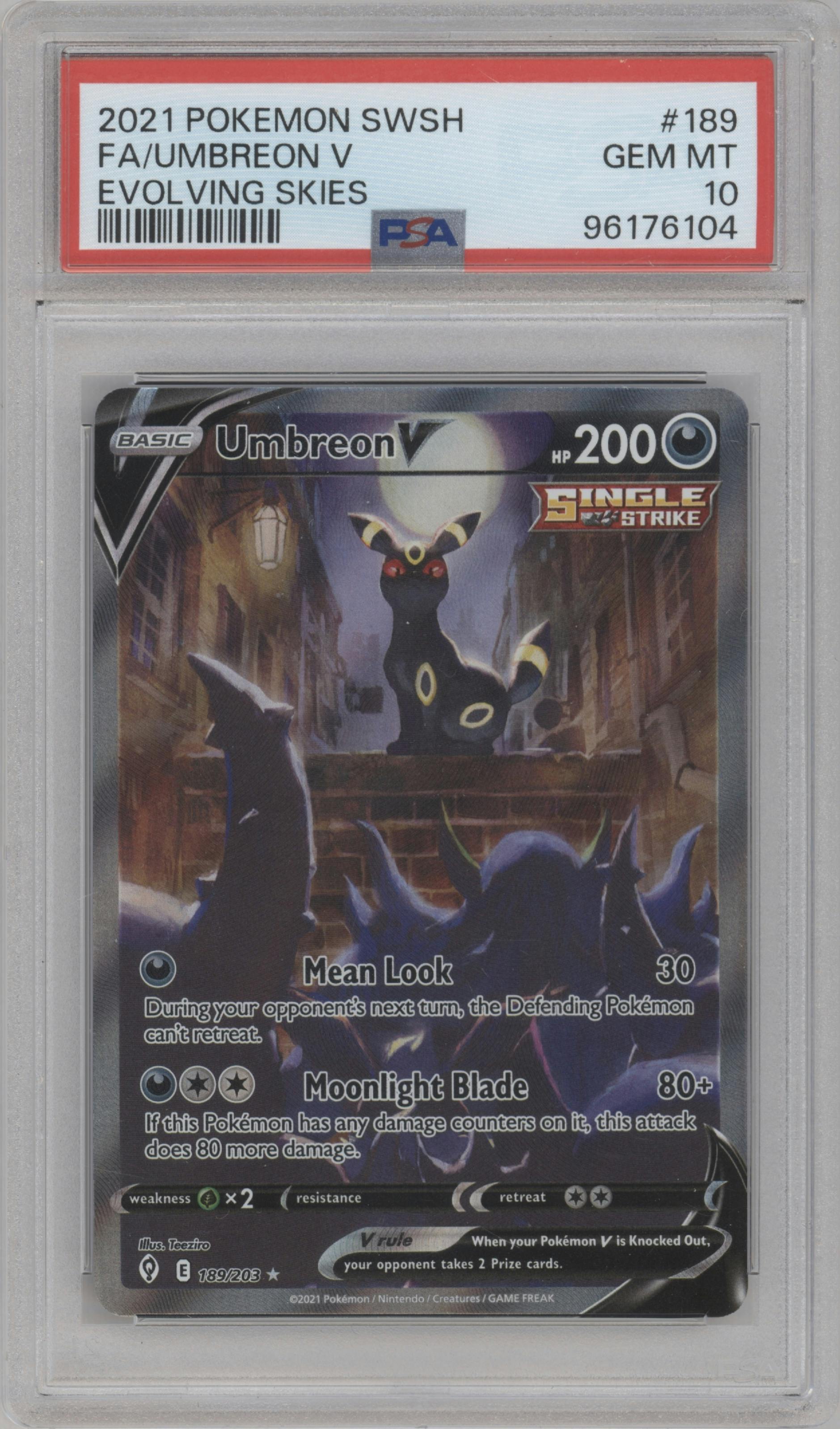 Umbreon V from the 2021 Pokemon SWSH set graded by PSA and given an overall grade of 10.