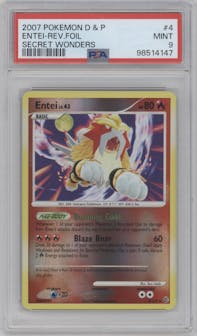 Entei from the 2007 Pokemon D&P set graded by PSA and given an overall grade of 9.