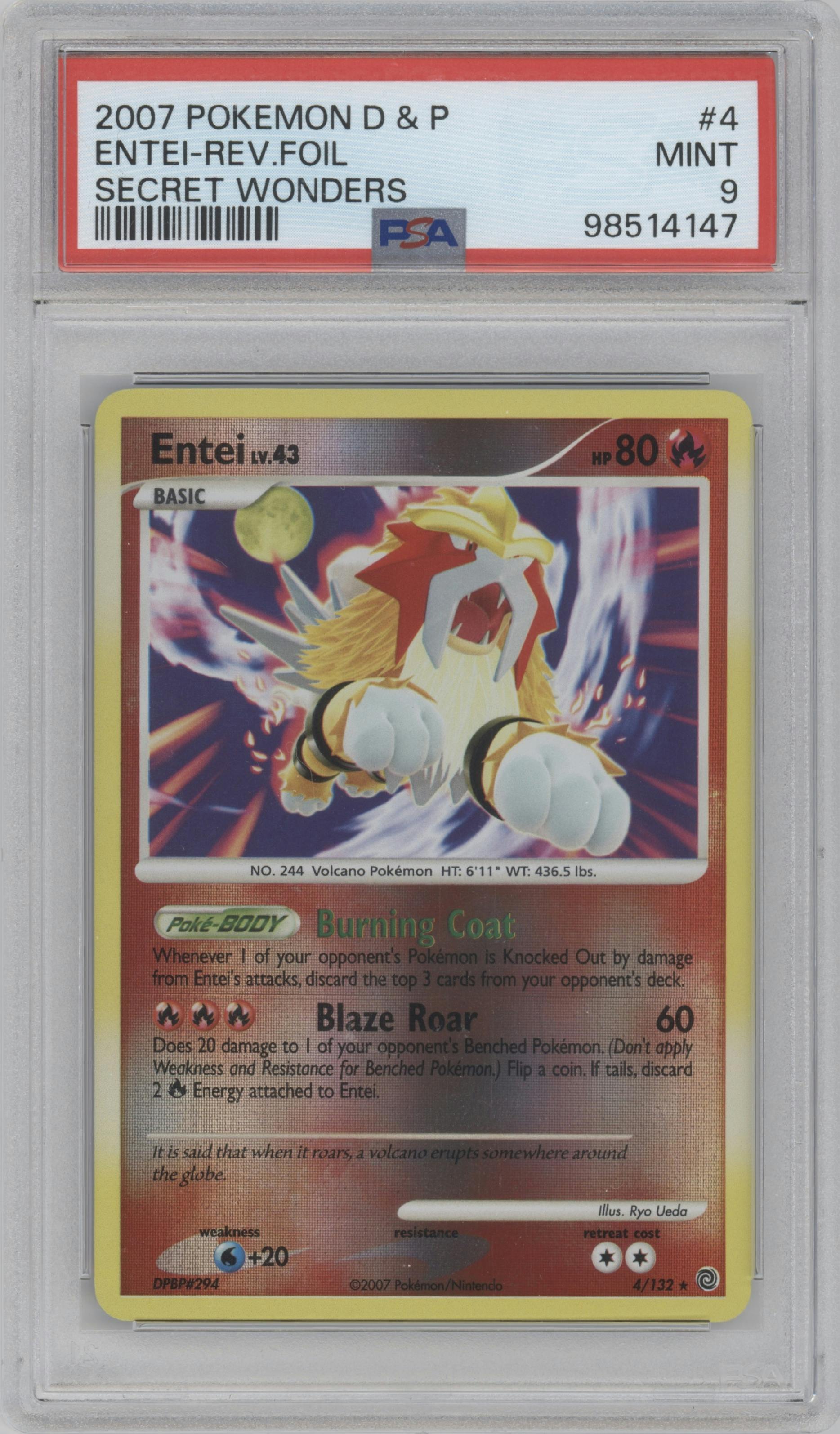 Entei from the 2007 Pokemon D&P set graded by PSA and given an overall grade of 9.