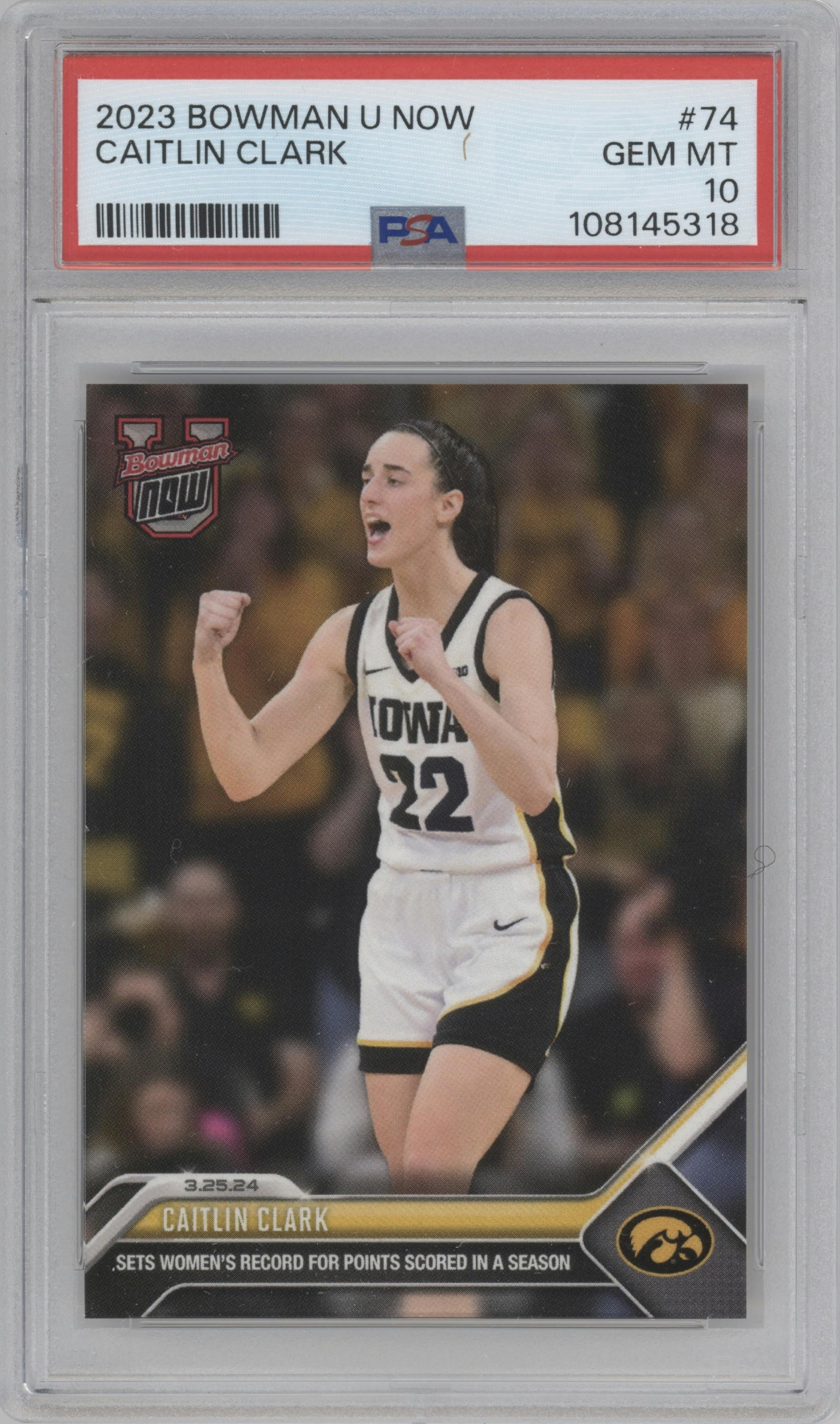 Caitlin Clark from the 2023-24 Bowman U Now set graded by PSA and given an overall grade of 10.