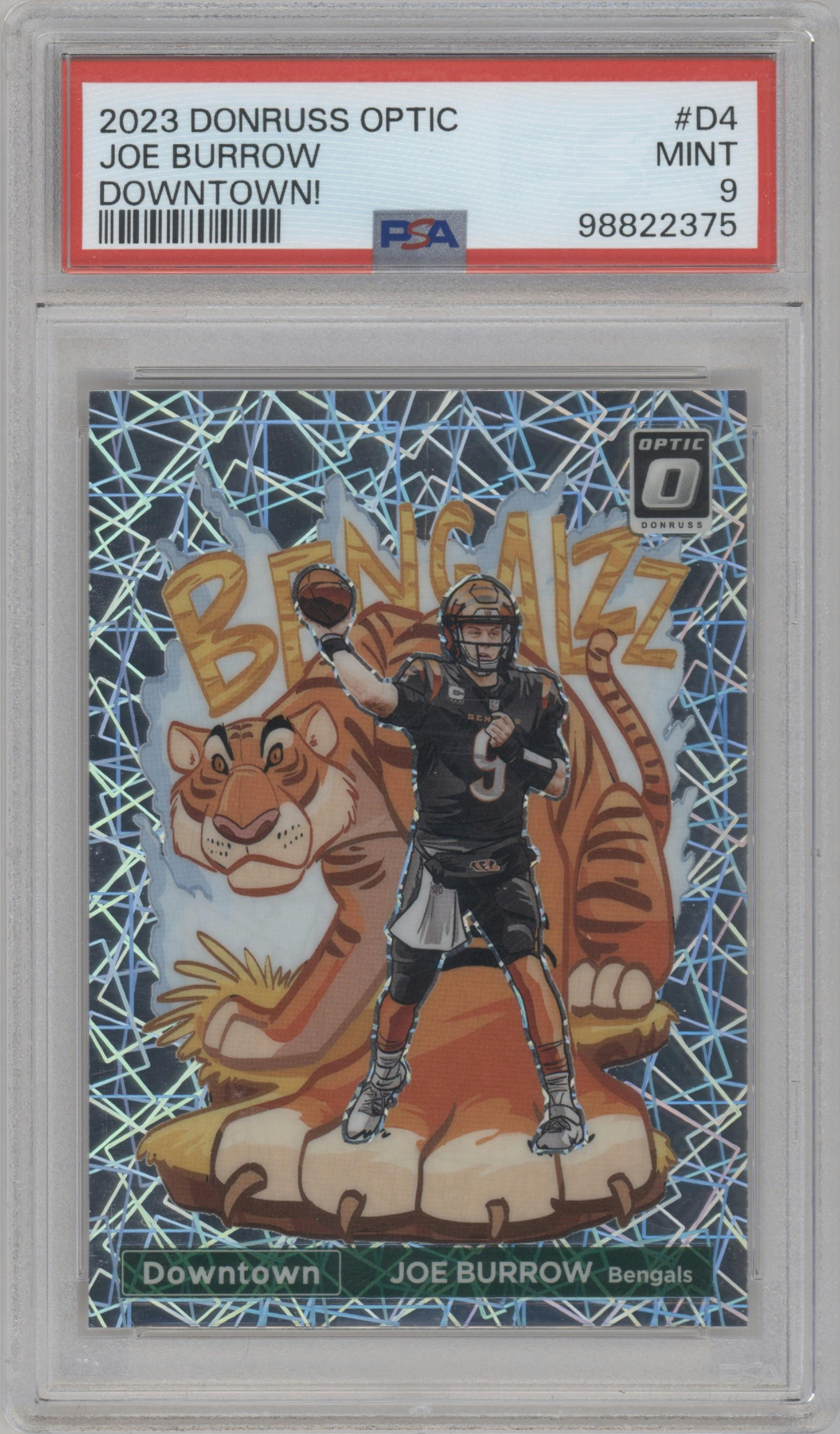 Joe Burrow from the 2023 Donruss Optic set graded by PSA and given an overall grade of 9.