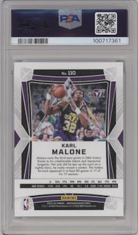 Karl Malone from the 2023-24 Panini Obsidian set featuring a Electric Etch Reggae Flood parallel graded by PSA and given an overall grade of 9.