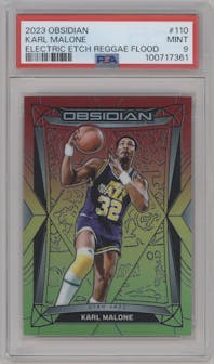Karl Malone from the 2023-24 Panini Obsidian set featuring a Electric Etch Reggae Flood parallel graded by PSA and given an overall grade of 9.