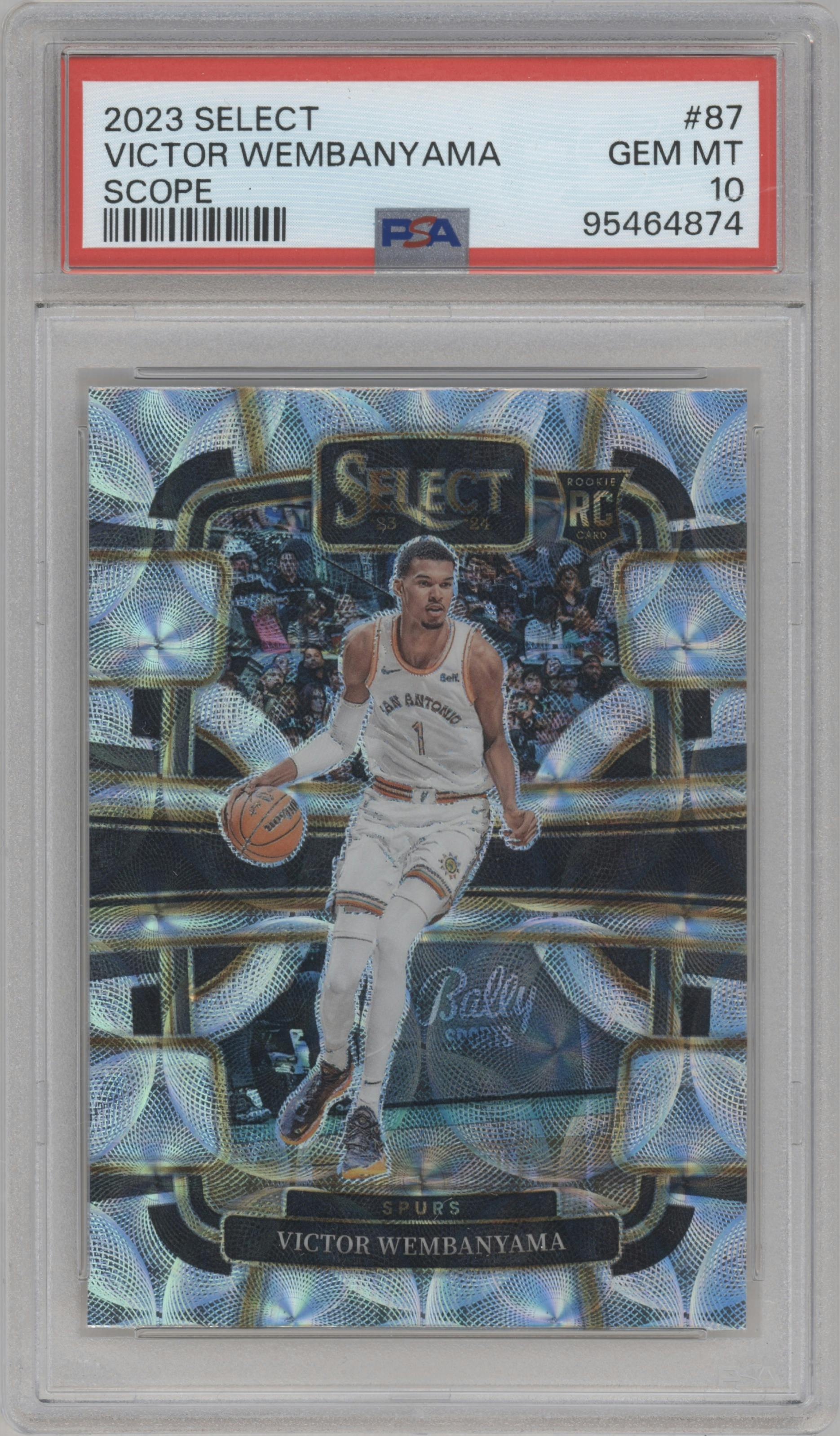 Victor Wembanyama from the 2023-24 Panini Select  set featuring a Scope parallel graded by PSA and given an overall grade of 10.