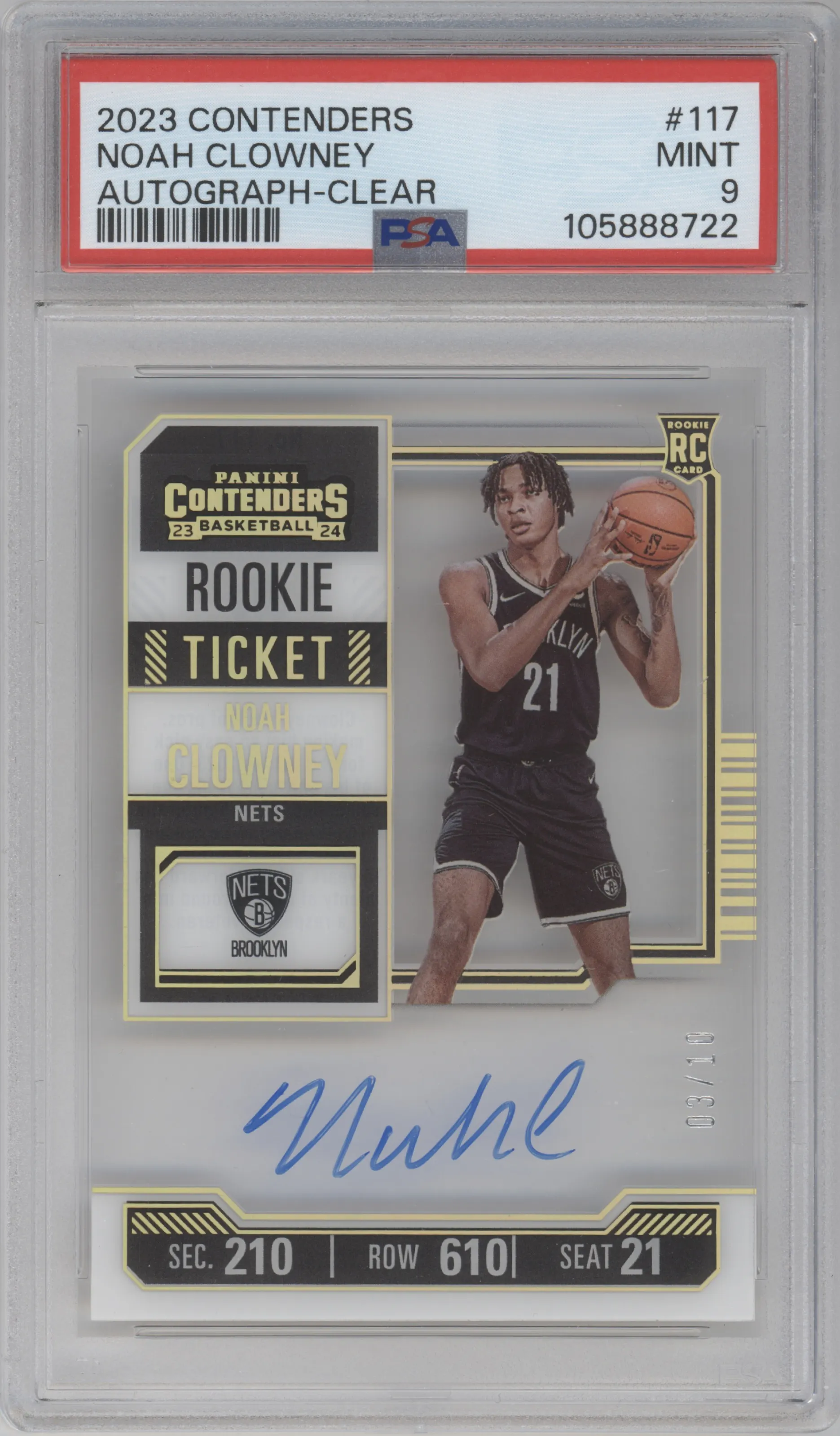 2023 Panini Contenders Rke.Tkt.Au. Noah Clowney Clear Ticket #117 PSA 9