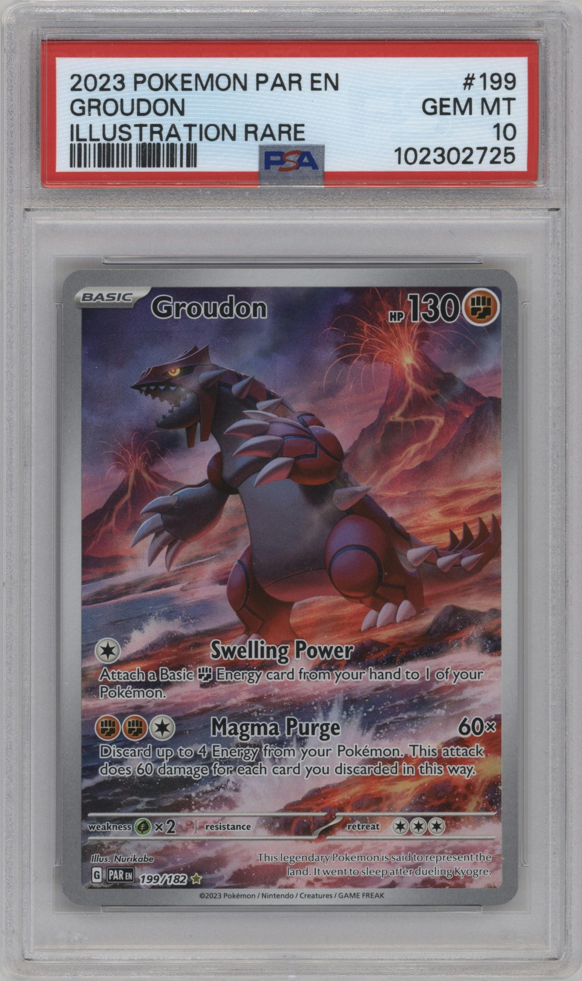 Groudon from the 2023 Pokemon SV set graded by PSA and given an overall grade of 10.