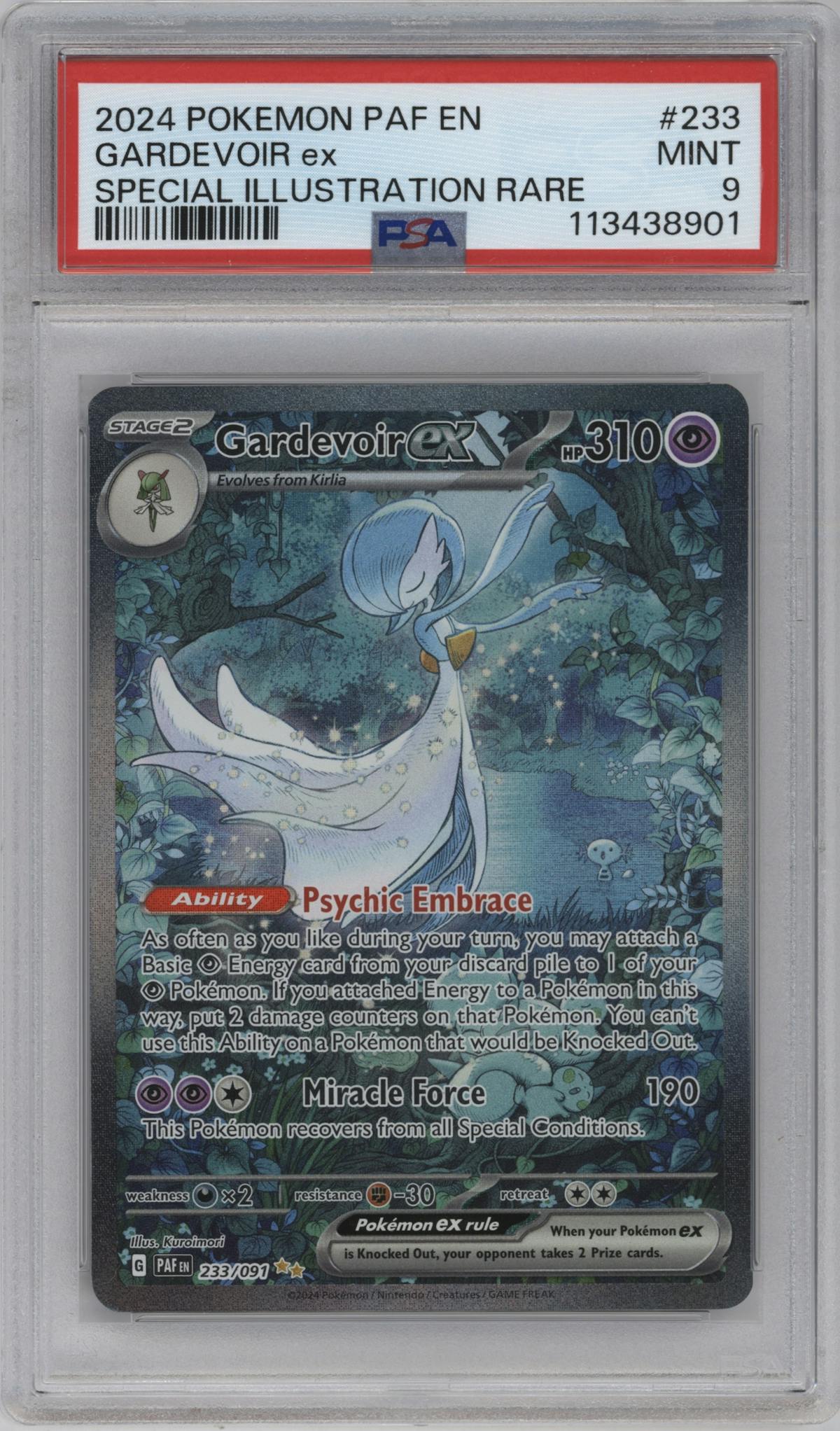 Gardevoir ex from the 2024 Pokemon SV set graded by PSA and given an overall grade of 9.