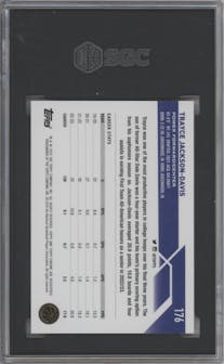 Trayce Jackson-Davis from the 2023-24 Topps Chrome Sapphire set featuring a Red parallel graded by SGC and given an overall grade of 9.5.