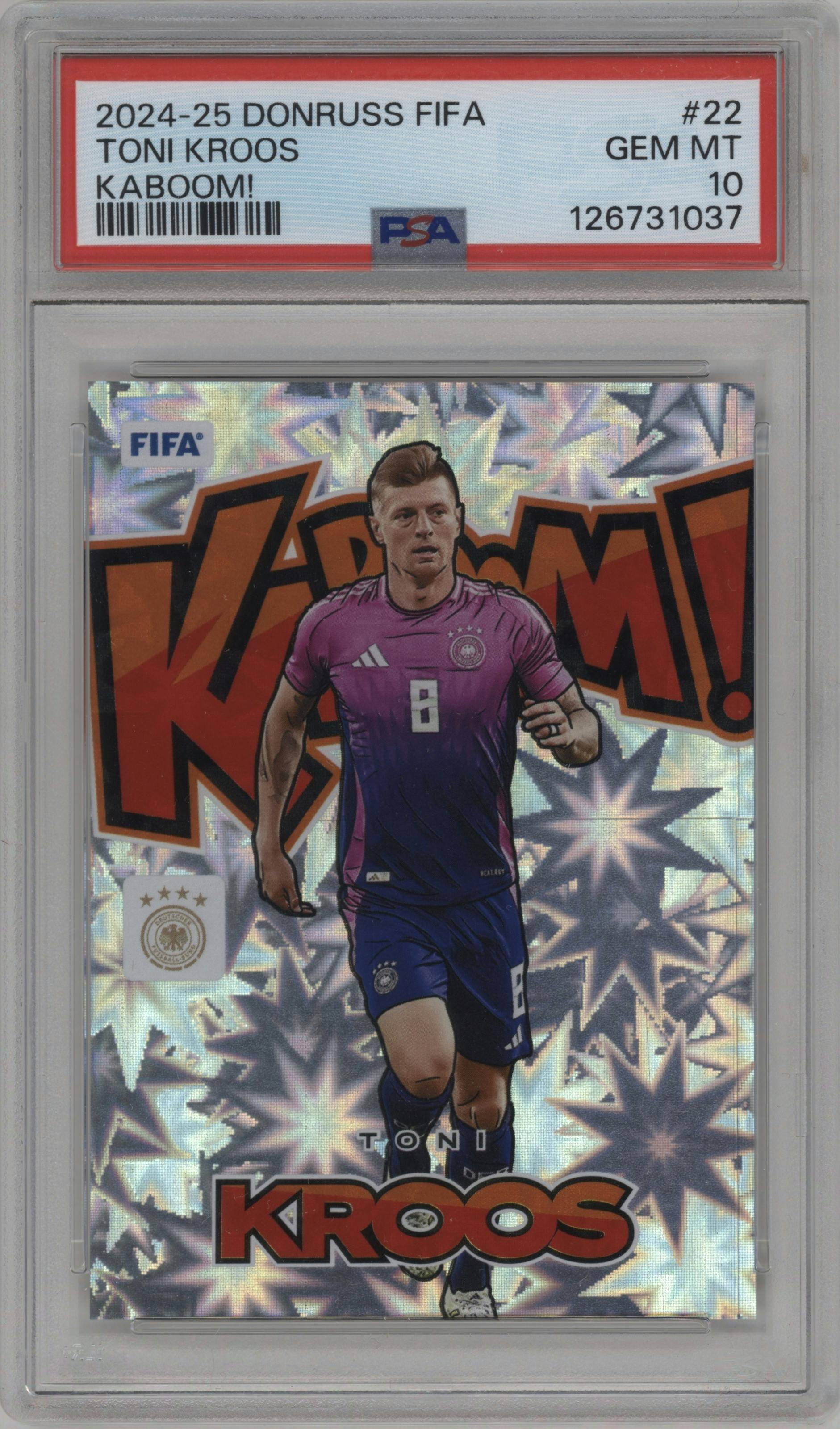 Toni Kroos from the 2024-25 Panini Donruss set graded by PSA and given an overall grade of 10.