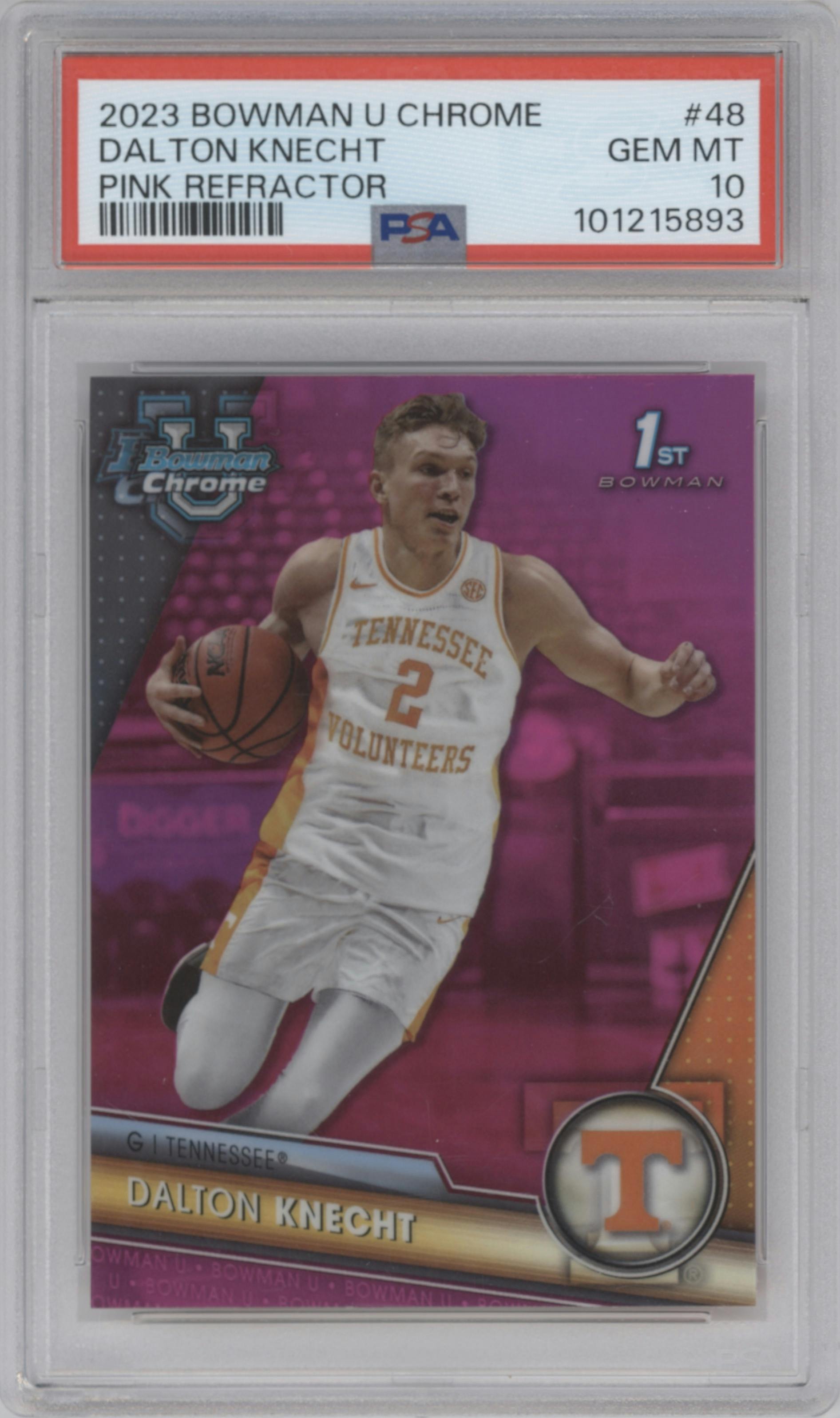 Dalton Knecht  from the 2023-24 Bowman U Chrome set featuring a Pink Refractor parallel graded by PSA and given an overall grade of 10.