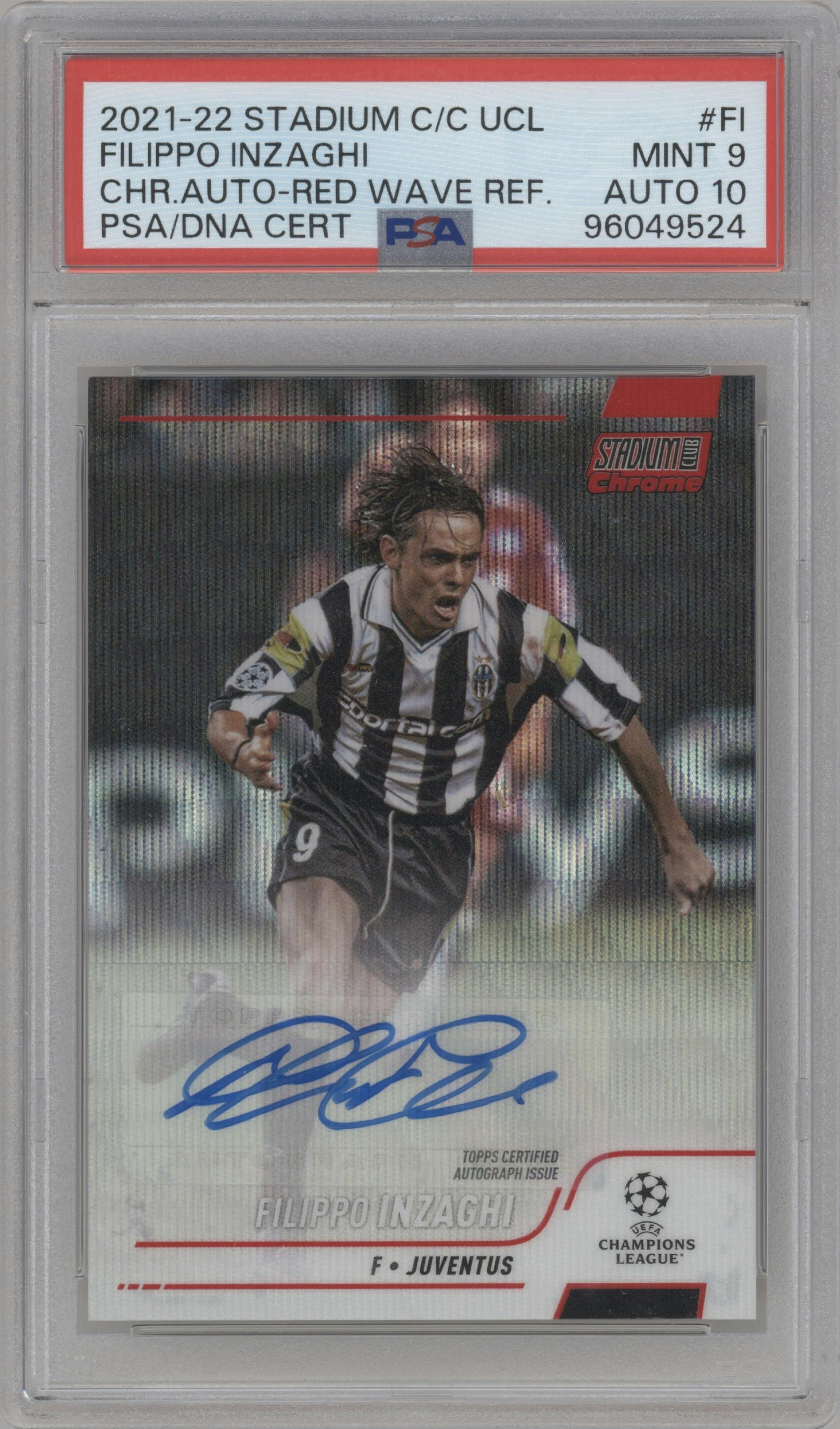 Filippo Inzaghi from the 2021-22 Topps Stadium Club Chrome UEFA Champions League set featuring a Red Wave Refractor parallel graded by PSA and given an overall grade of 9.