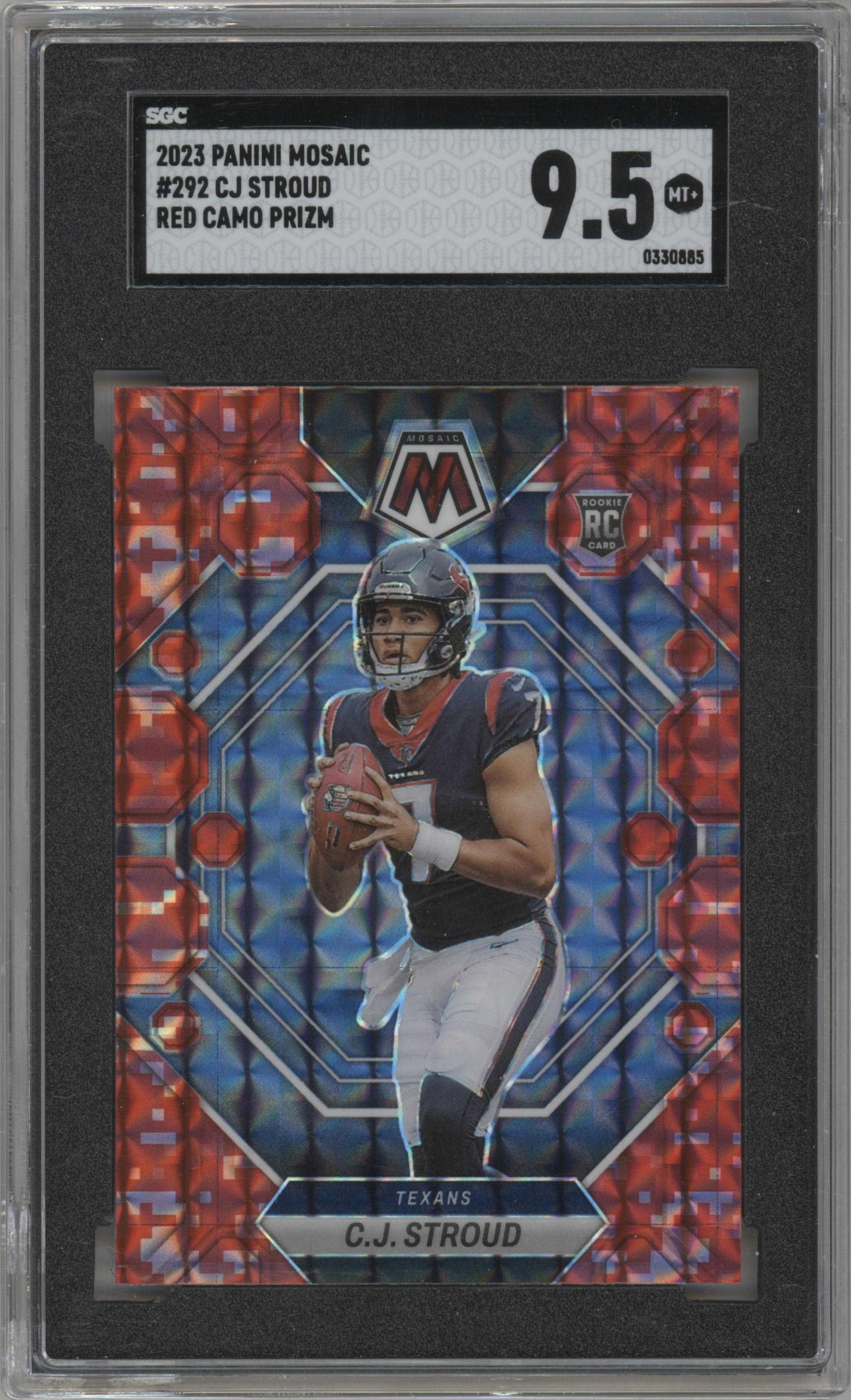 C.J. Stroud from the 2023 Panini Mosaic set featuring a Red Camo parallel graded by SGC and given an overall grade of 9.5.