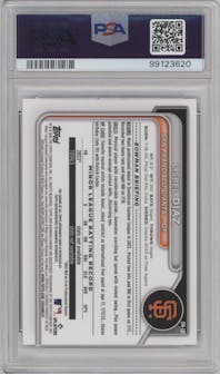 Lisbel Diaz from the 2024 Bowman Chrome set featuring a Speckle Refractor parallel graded by PSA and given an overall grade of 10.