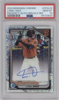 Lisbel Diaz from the 2024 Bowman Chrome set featuring a Speckle Refractor parallel graded by PSA and given an overall grade of 10.
