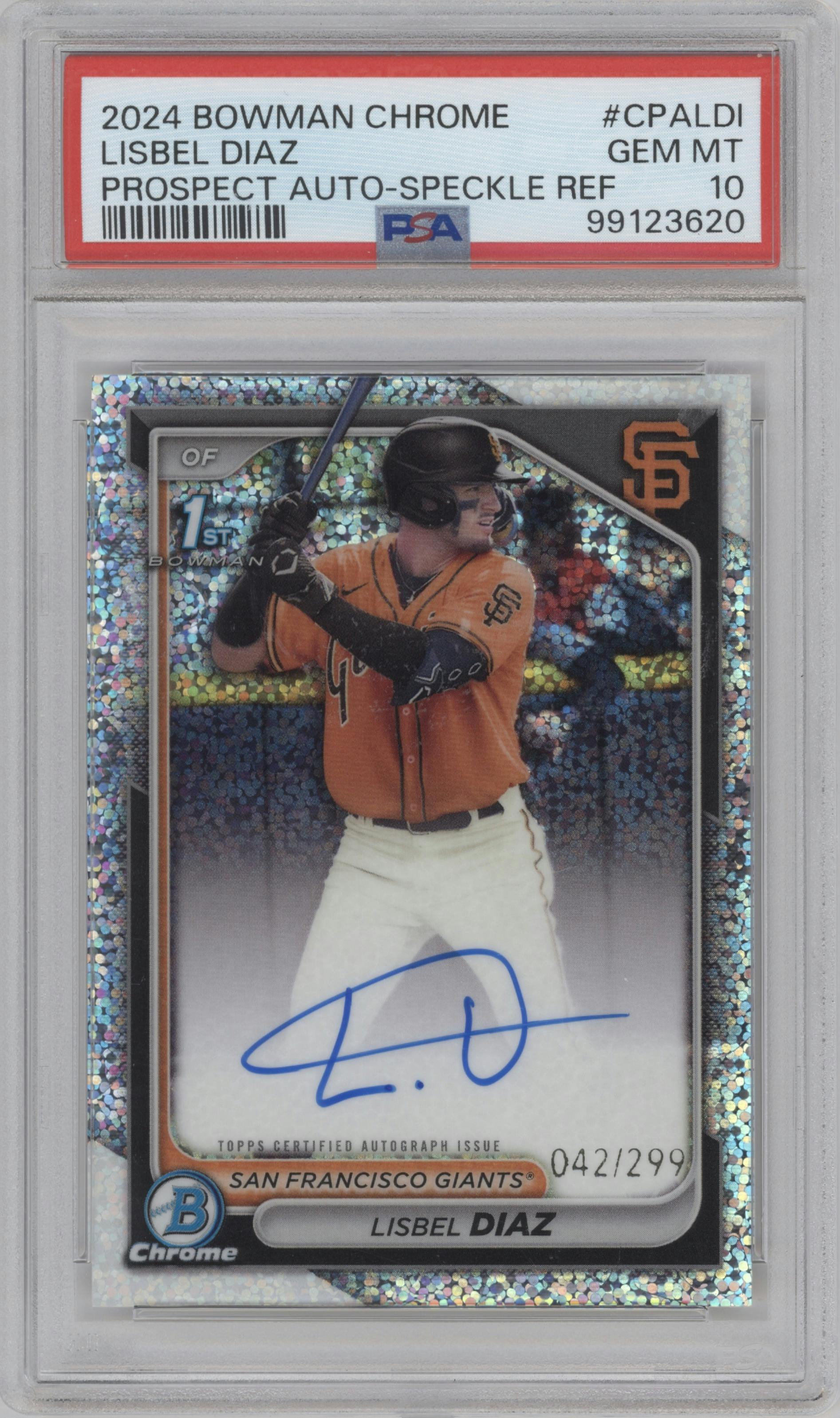 Lisbel Diaz from the 2024 Bowman Chrome set featuring a Speckle Refractor parallel graded by PSA and given an overall grade of 10.