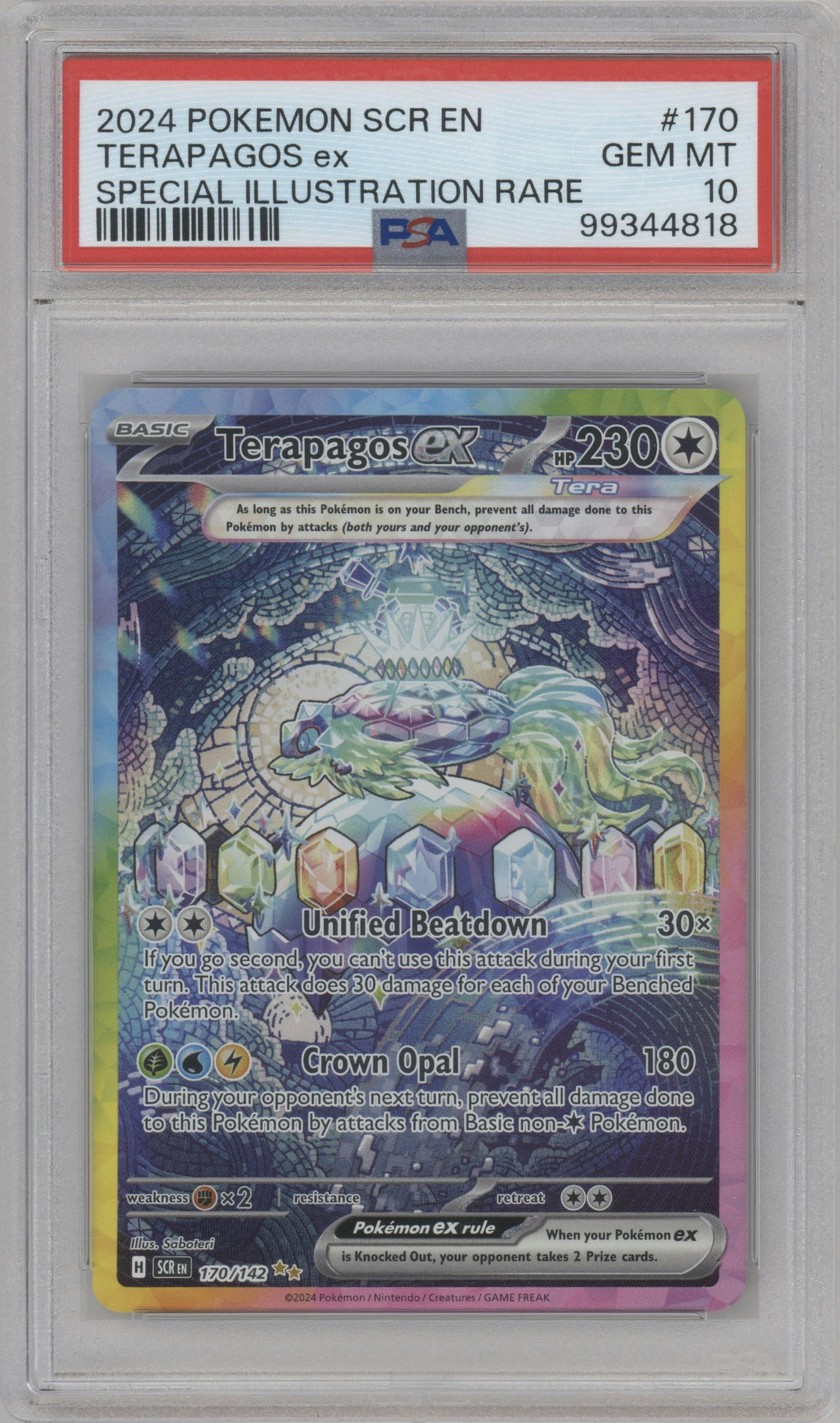 Terapagos ex from the 2024 Pokemon SV set graded by PSA and given an overall grade of 10.