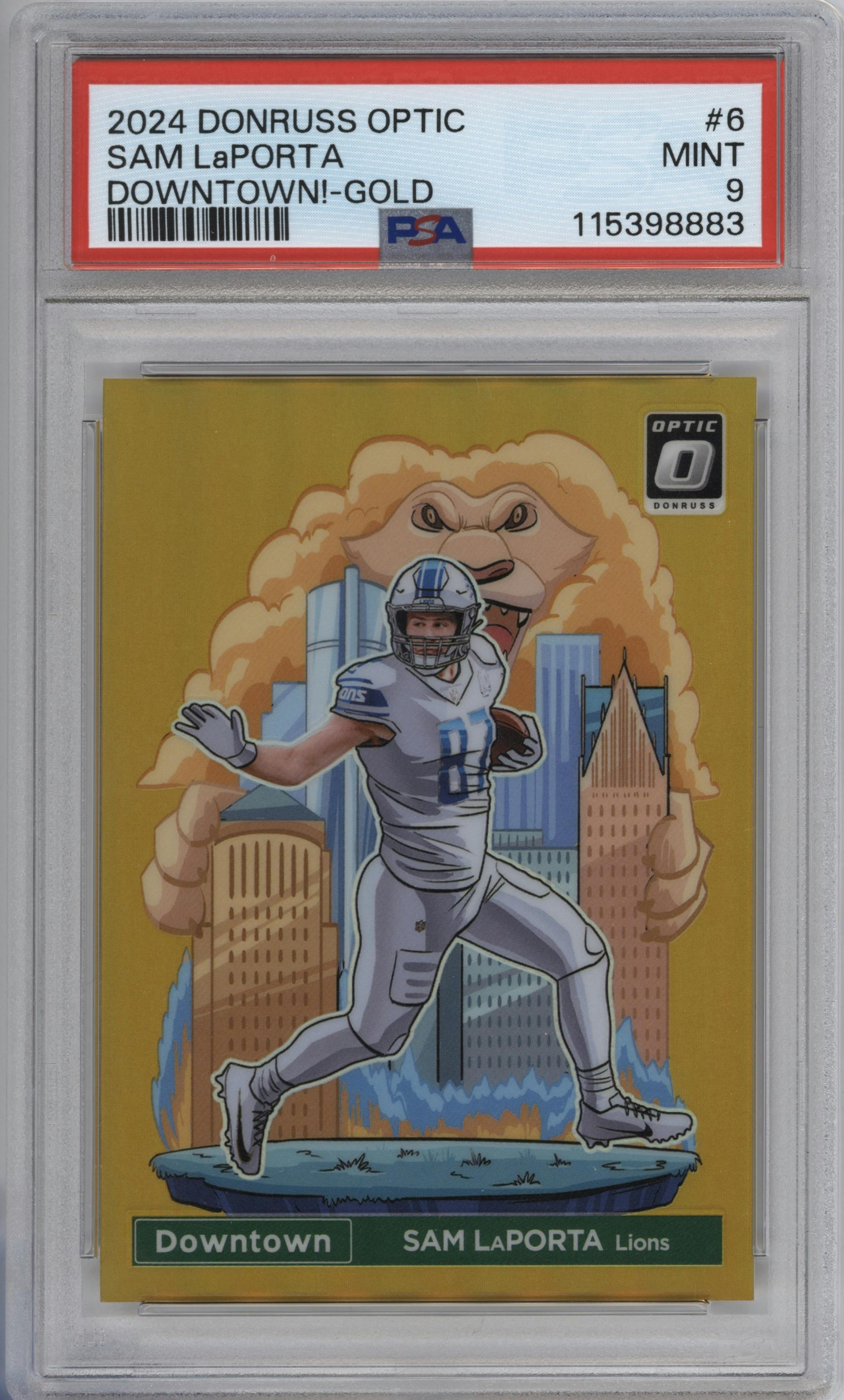 Sam LaPorta from the 2024 Donruss Optic set featuring a Gold parallel graded by PSA and given an overall grade of 9.