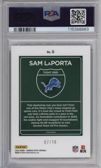 Sam LaPorta from the 2024 Donruss Optic set featuring a Gold parallel graded by PSA and given an overall grade of 9.