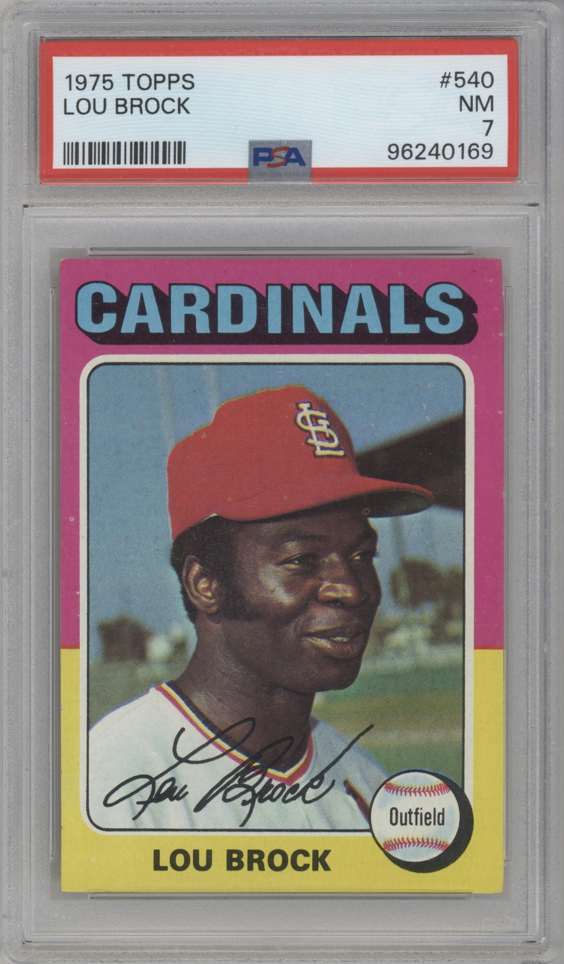 Lou Brock from the 1975 Topps set graded by PSA and given an overall grade of 7.